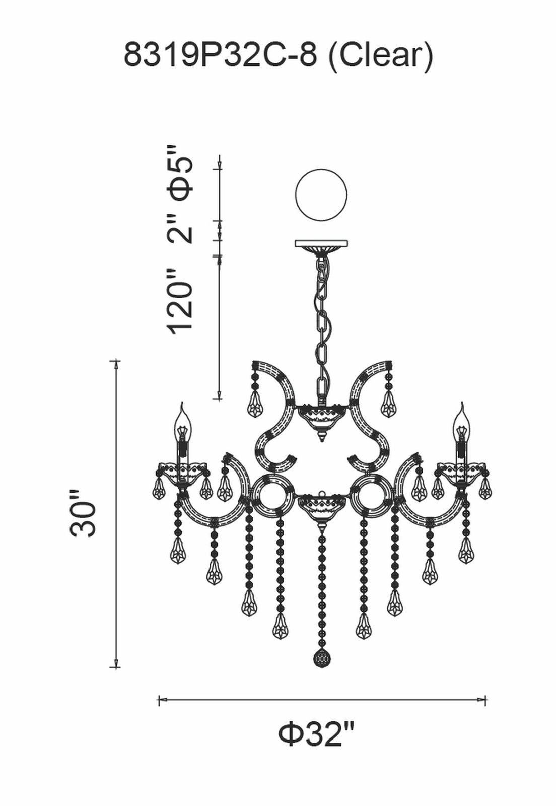 CWI Lighting Maria Theresa 8 Light Up Chandelier With Chrome Finish Model: 8319P32C-8 (CLEAR) Line Drawing