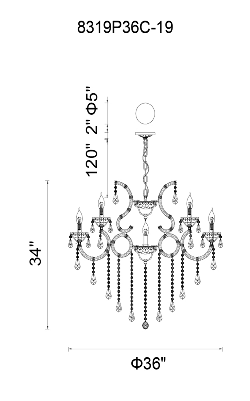 CWI Lighting Maria Theresa 19 Light Up Chandelier With Chrome Finish Model: 8319P36C-19 (CLEAR) Line Drawing