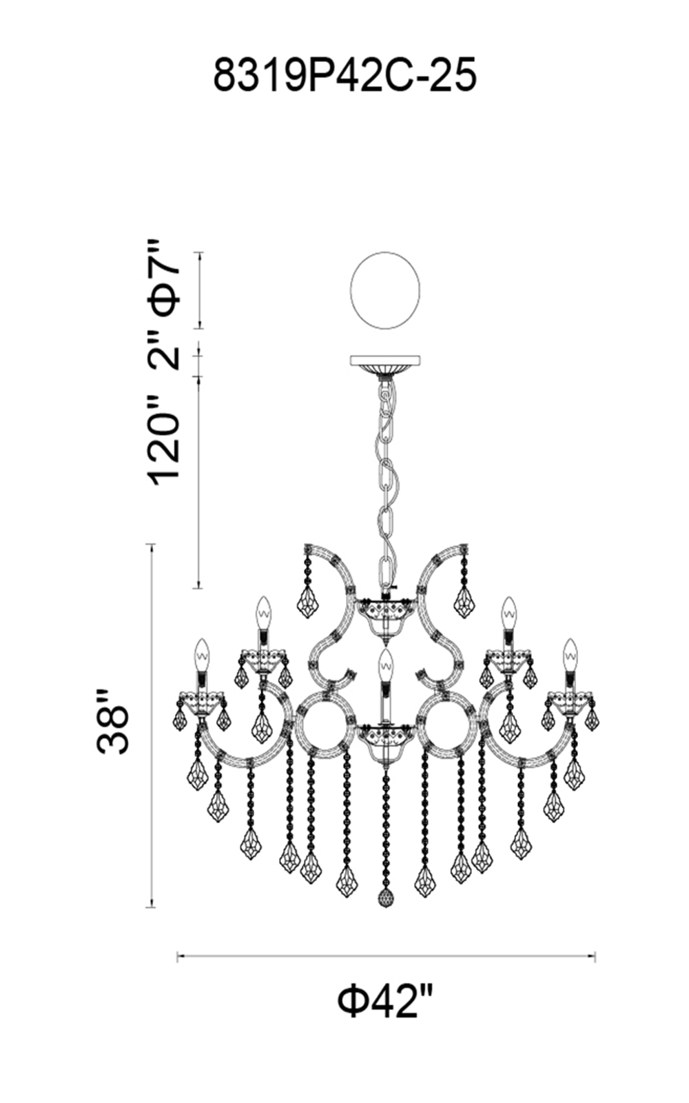 CWI Lighting Maria Theresa 25 Light Up Chandelier With Chrome Finish Model: 8319P42C-25 (CLEAR) Line Drawing