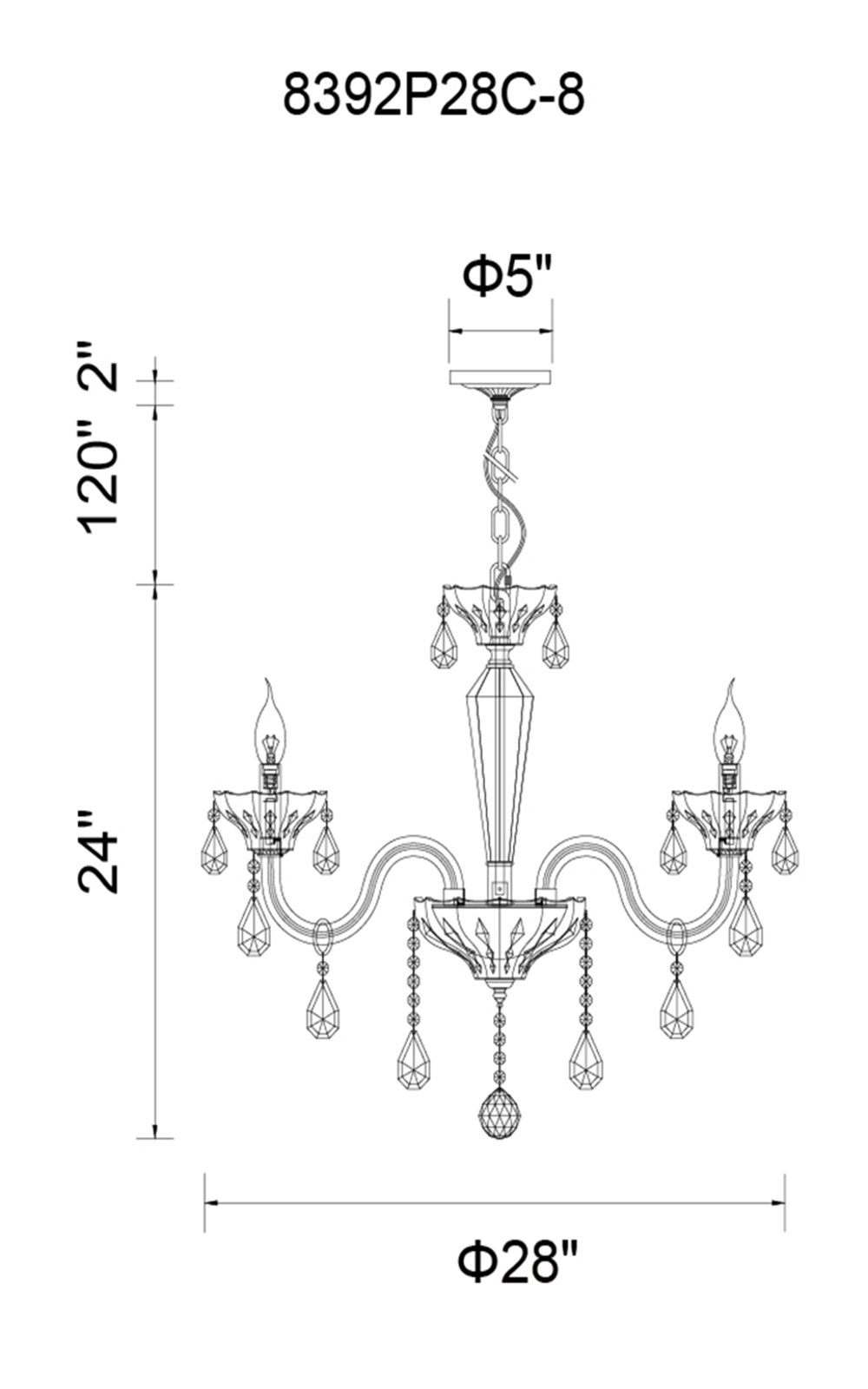 CWI Lighting Harvard 8 Light Up Chandelier With Chrome Finish Model: 8392P28C-8 Line Drawing