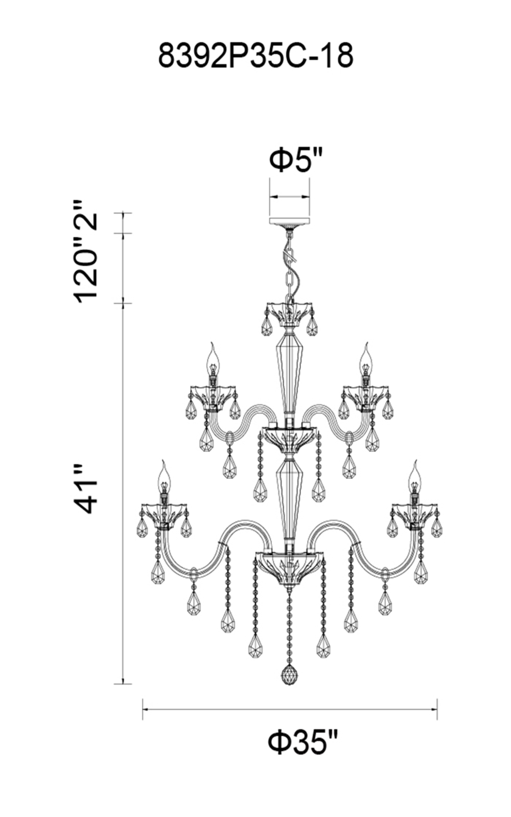 CWI Lighting Harvard 18 Light Up Chandelier With Chrome Finish Model: 8392P35C-18 Line Drawing