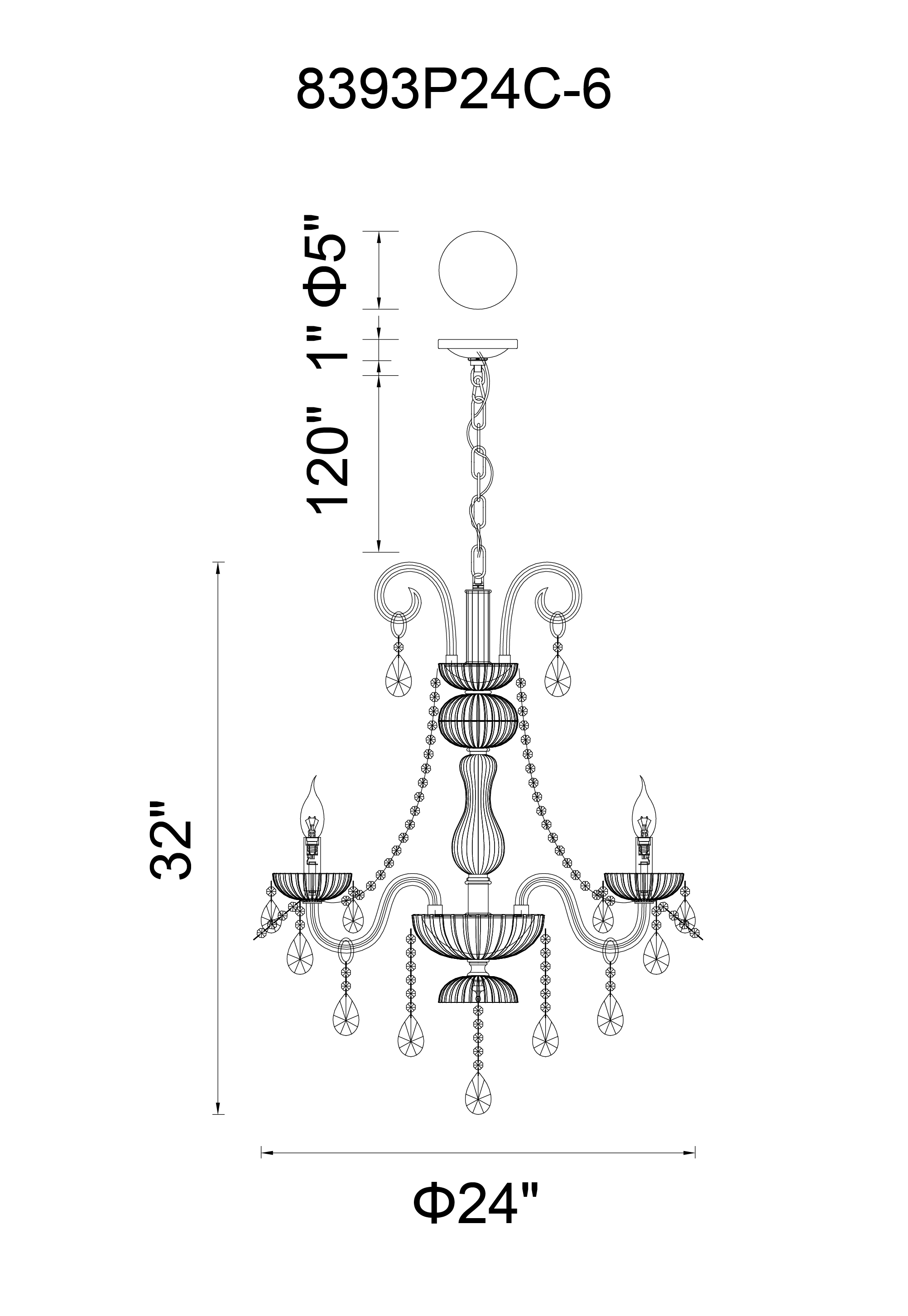 CWI Lighting Casper 6 Light Up Chandelier With Chrome Finish Model: 8393P24C-6 ( SMOKE) Line Drawing