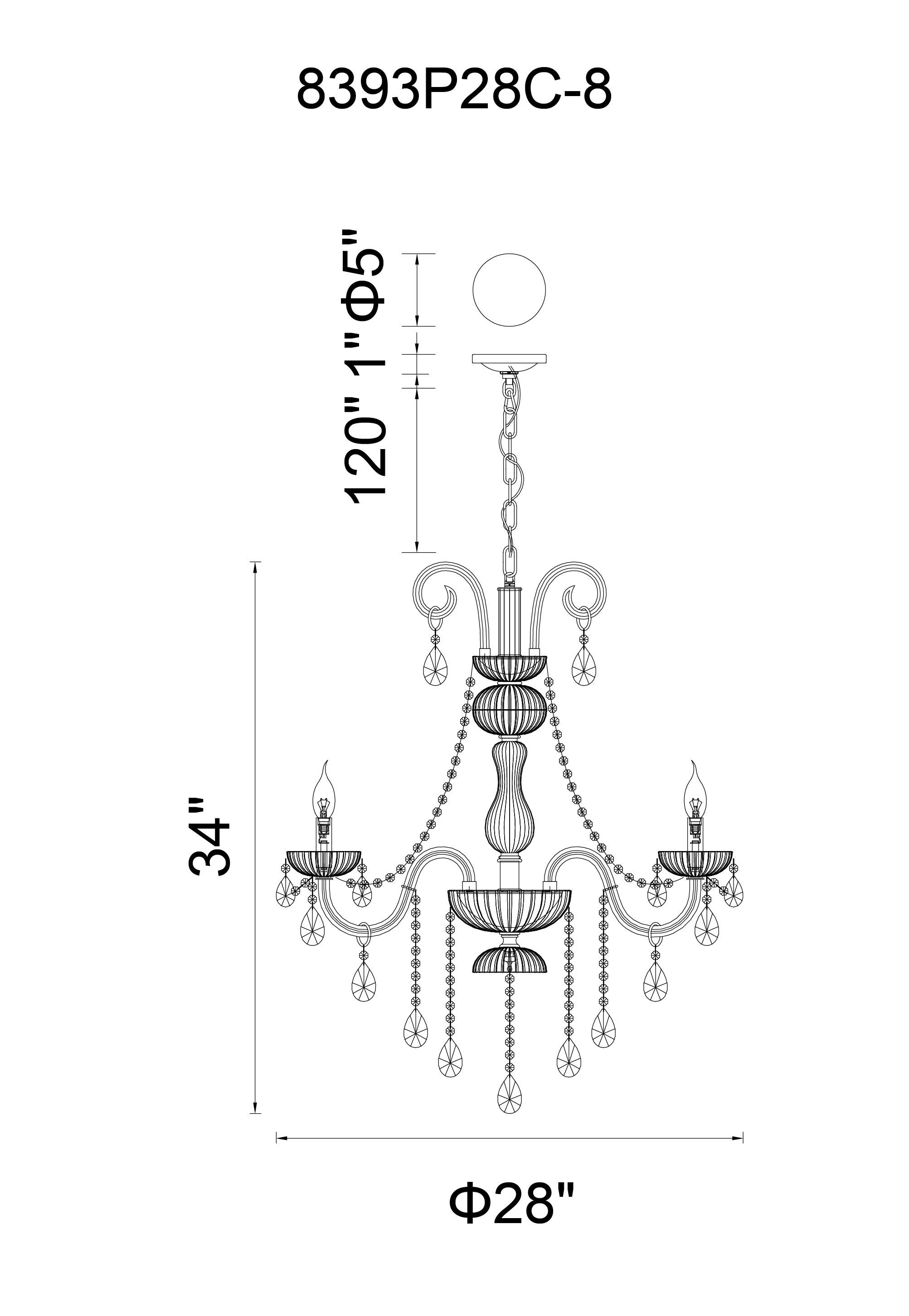 CWI Lighting Casper 8 Light Up Chandelier With Chrome Finish Model: 8393P28C-8 (SMOKE) Line Drawing