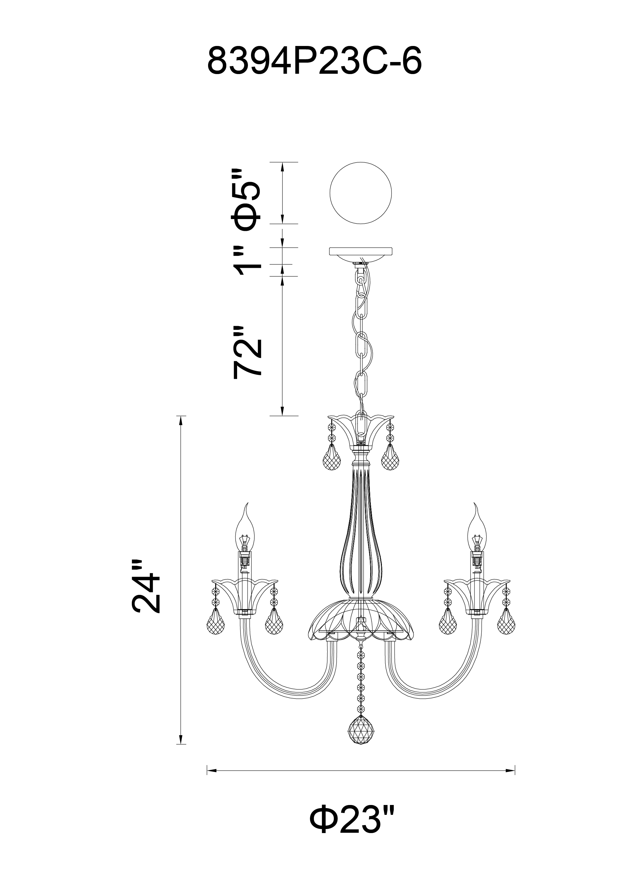 CWI Lighting Melanie 6 Light Up Chandelier With Chrome Finish Model: 8394P23C-6 Line Drawing