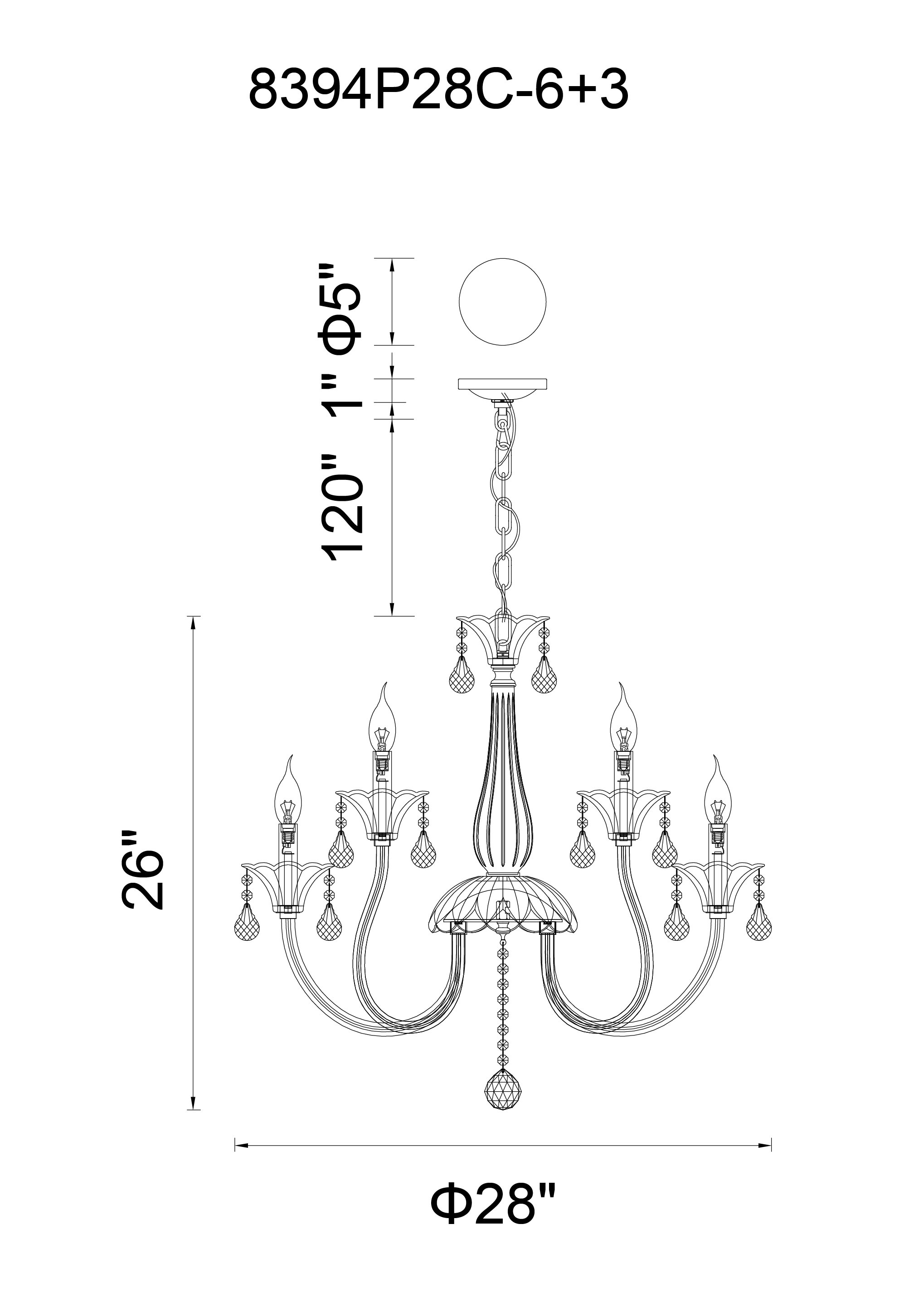 CWI Lighting Melanie 9 Light Up Chandelier With Chrome Finish Model: 8394P28C-9 Line Drawing