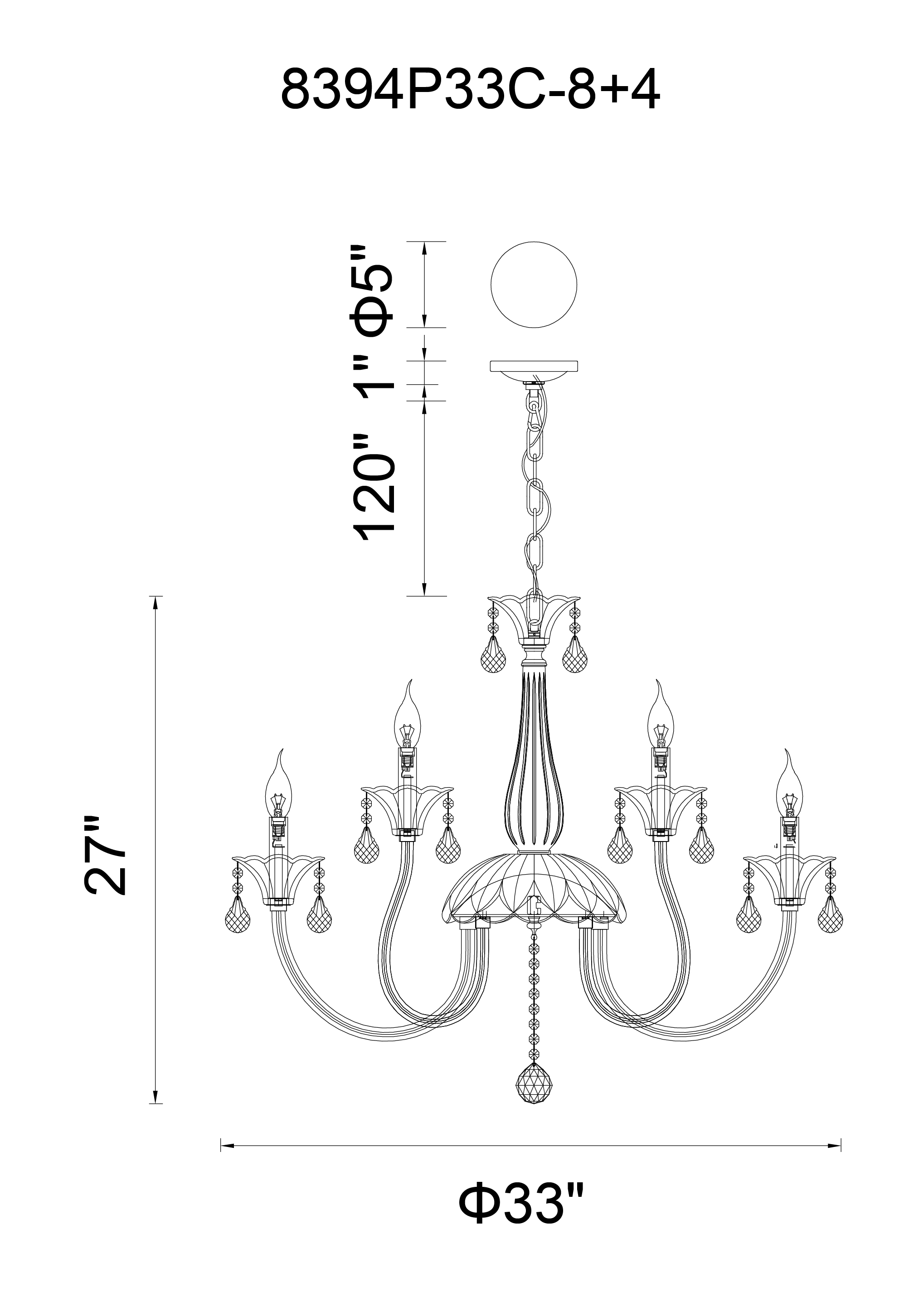 CWI Lighting Melanie 12 Light Up Chandelier With Chrome Finish Model: 8394P33C-12 Line Drawing