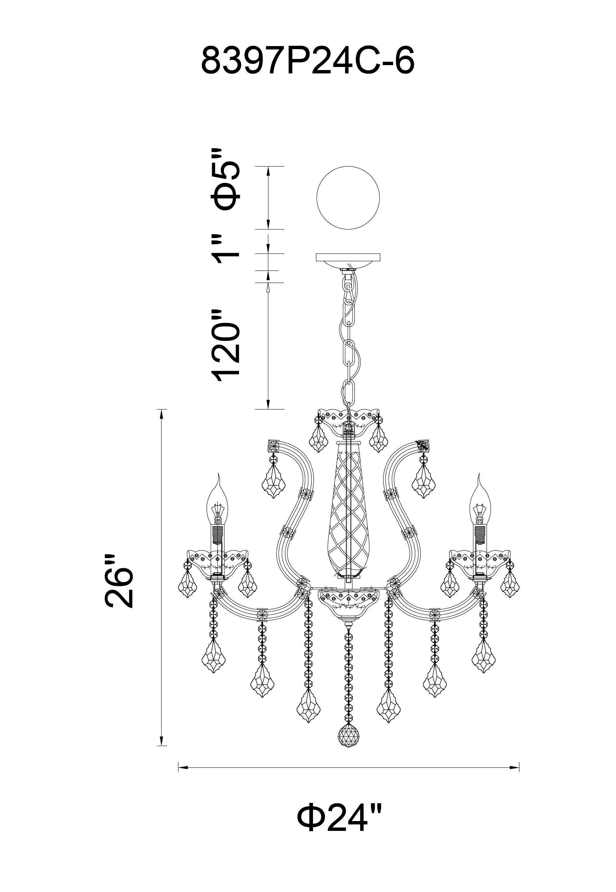 CWI Lighting Maria Theresa 6 Light Up Chandelier With Chrome Finish Model: 8397P24C-6(CLEAR) Line Drawing