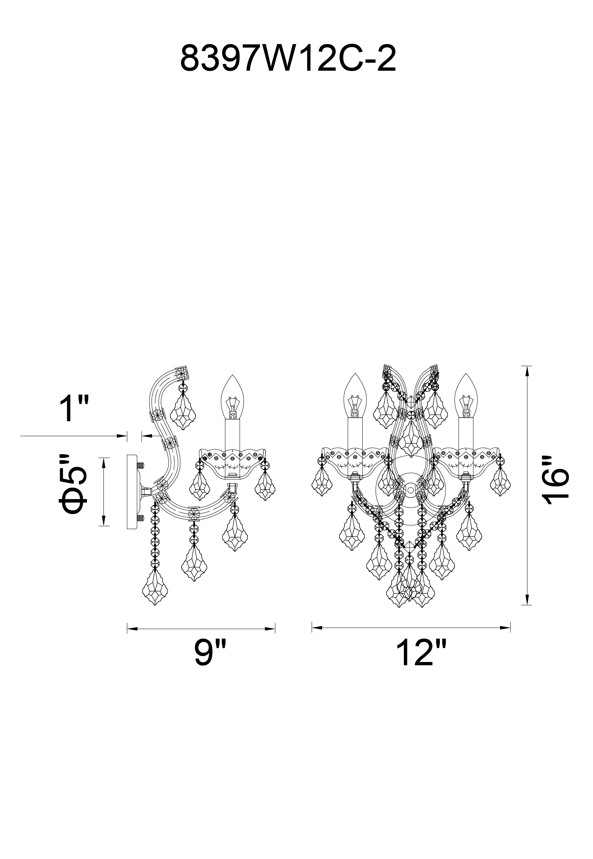 CWI Lighting Maria Theresa 2 Light Wall Sconce With Chrome Finish Model: 8397W12C-2(CLEAR) Line Drawing