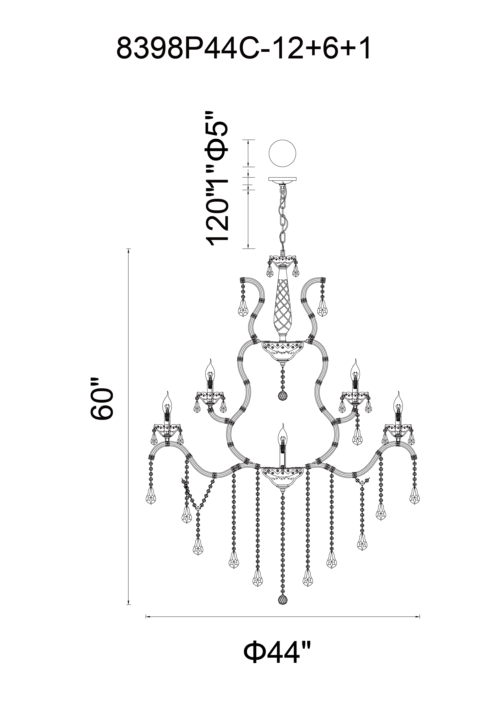 CWI Lighting Abby 19 Light Up Chandelier With Chrome Finish Model: 8398P44C-19 (CLEAR) Line Drawing