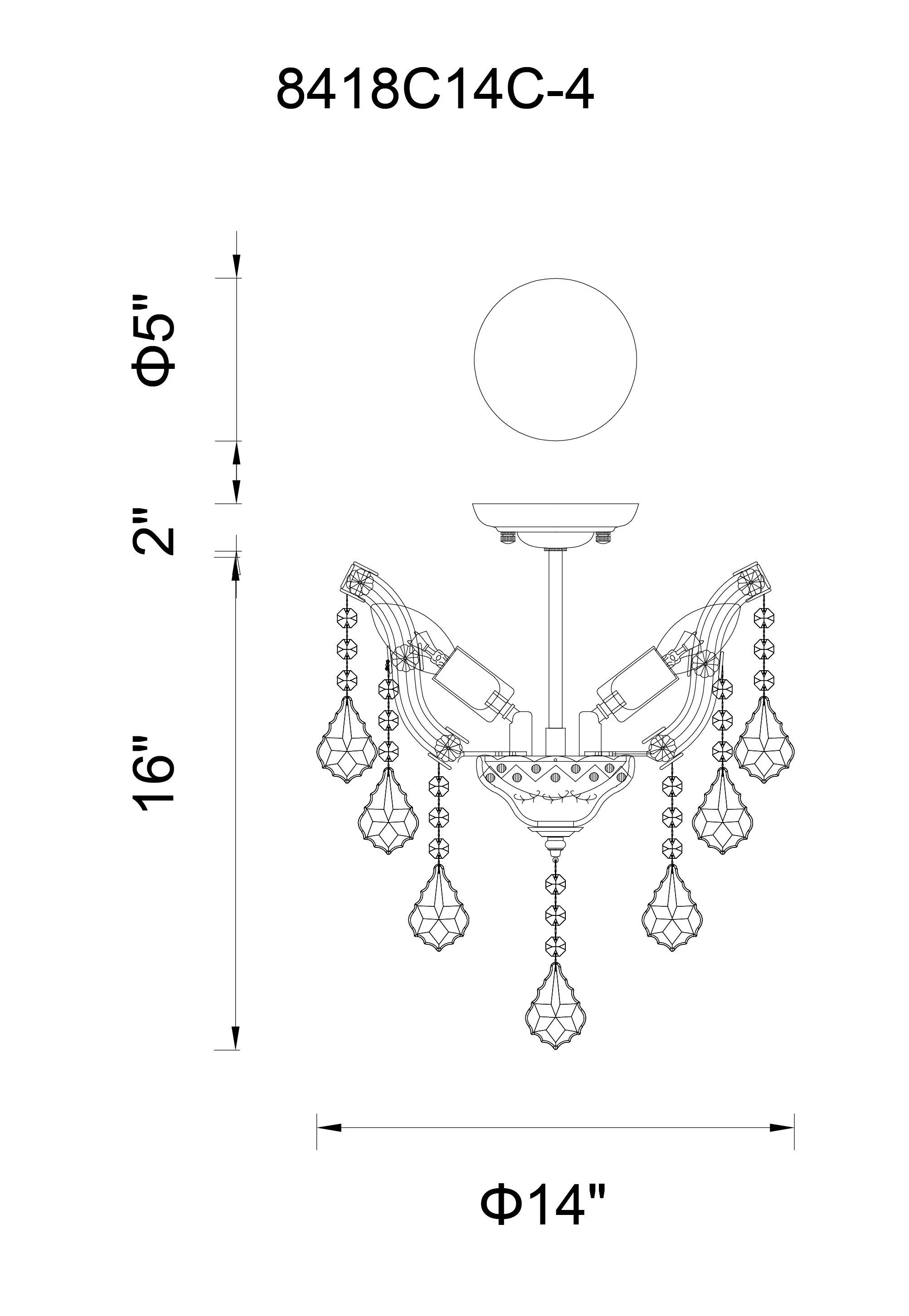 CWI Lighting Payton 4 Light Flush Mount With Chrome Finish Model: 8418C14C-4(CLEAR) Line Drawing