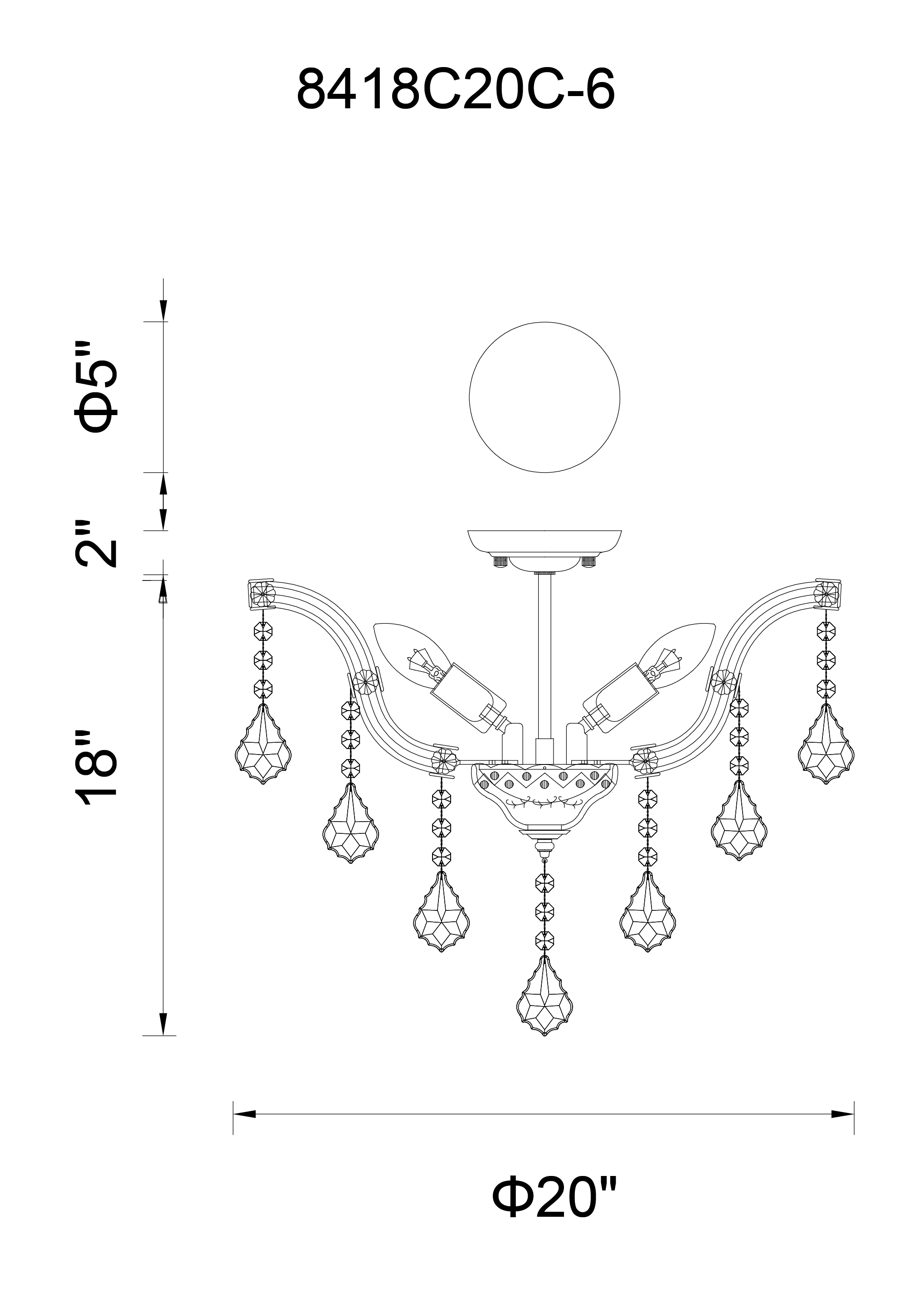 CWI Lighting Payton 6 Light Flush Mount With Chrome Finish Model: 8418C20C-6(CLEAR) Line Drawing