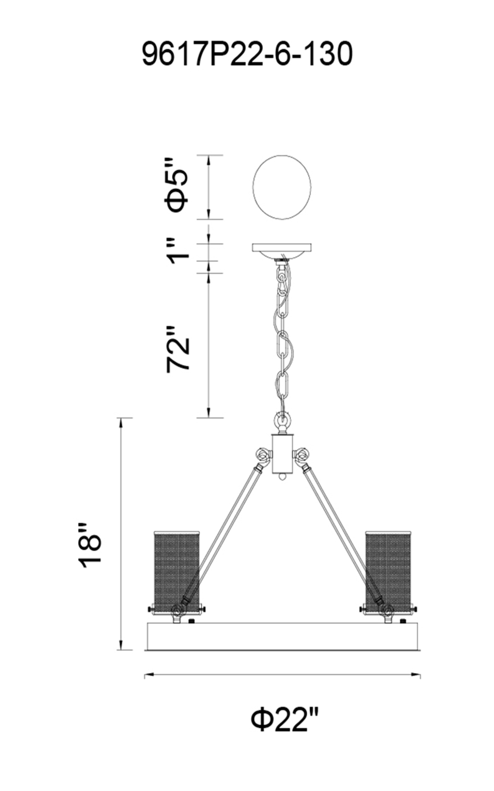 CWI Lighting Kenedi 6 Light Up Chandelier With Rust Finish Model: 9617P22-6-130 Line Drawing