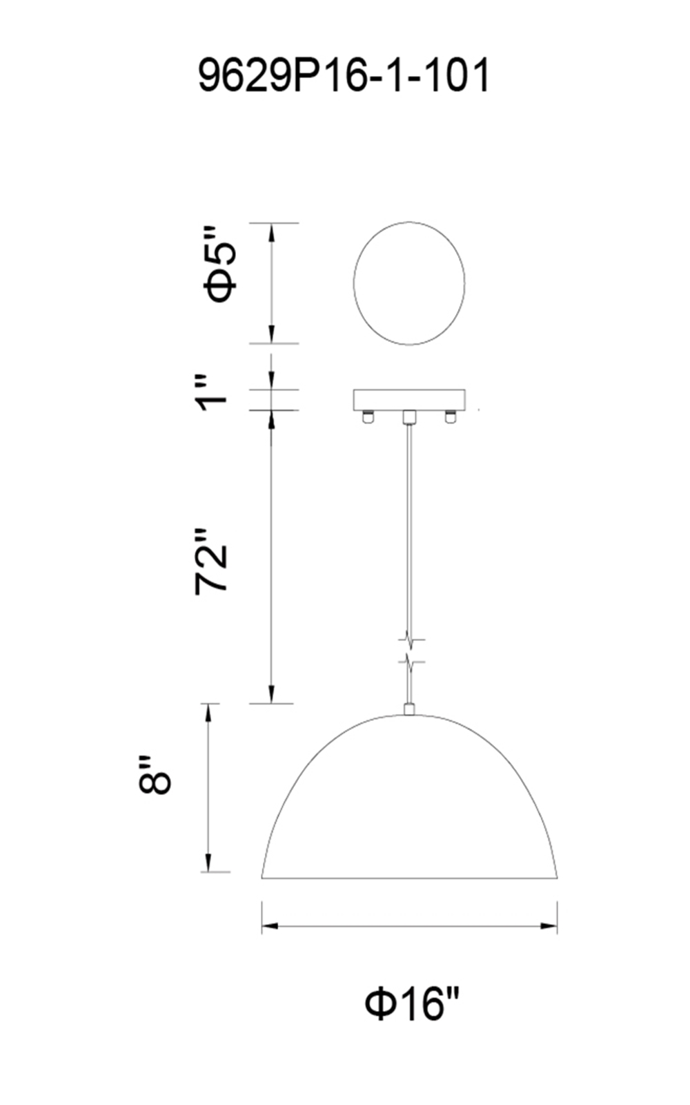 CWI Lighting Modest 1 Light Down Pendant With Black Finish Model: 9629P16-1-101 Line Drawing