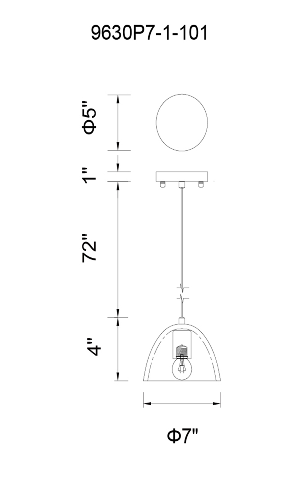 CWI Lighting Modest 1 Light Down Mini Pendant With Black Finish Model: 9630P7-1-101 Line Drawing