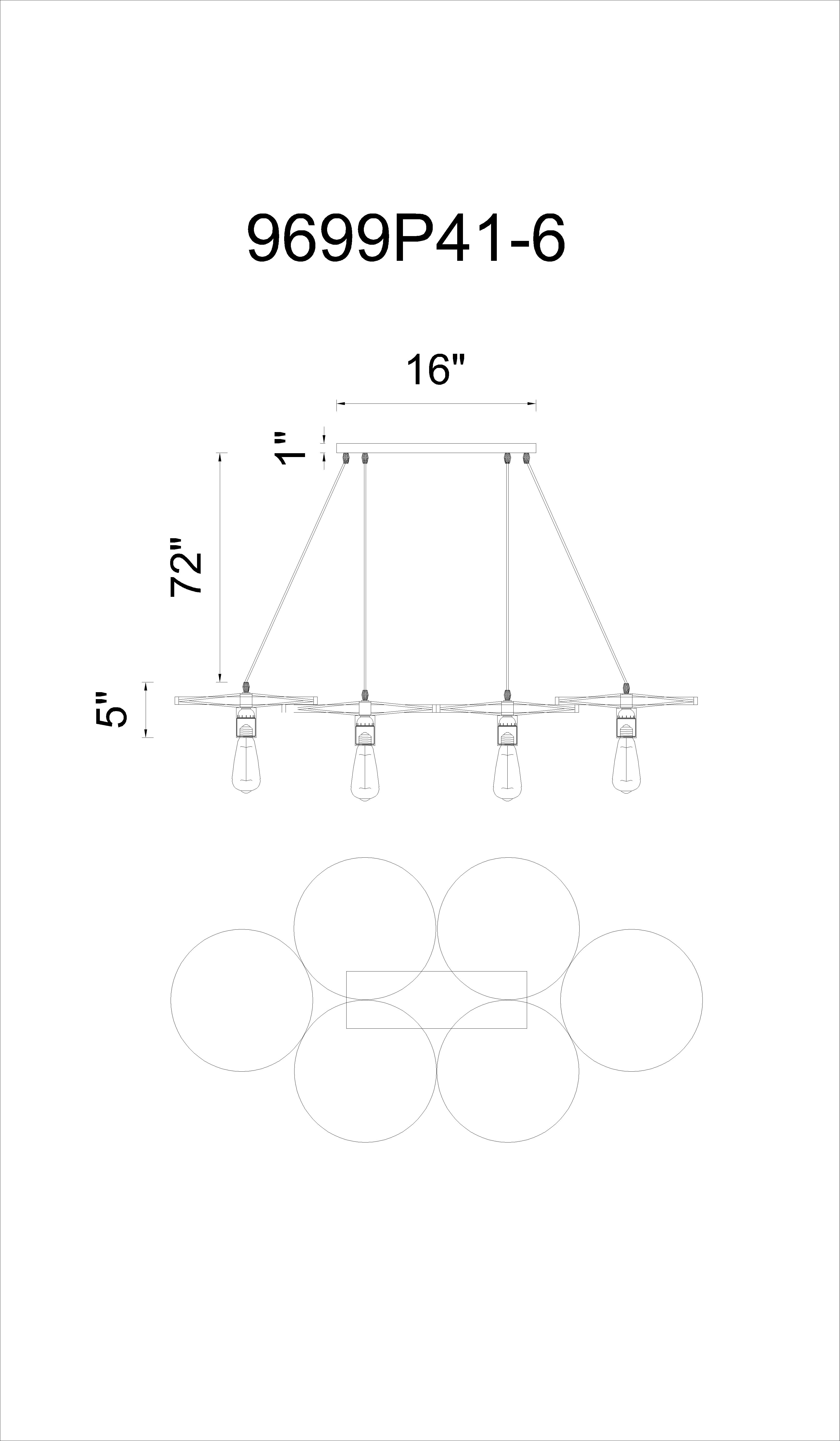 CWI Lighting Ravi 6 Light Down Chandelier With Black Finish Model: 9699P41-6-101 Line Drawing