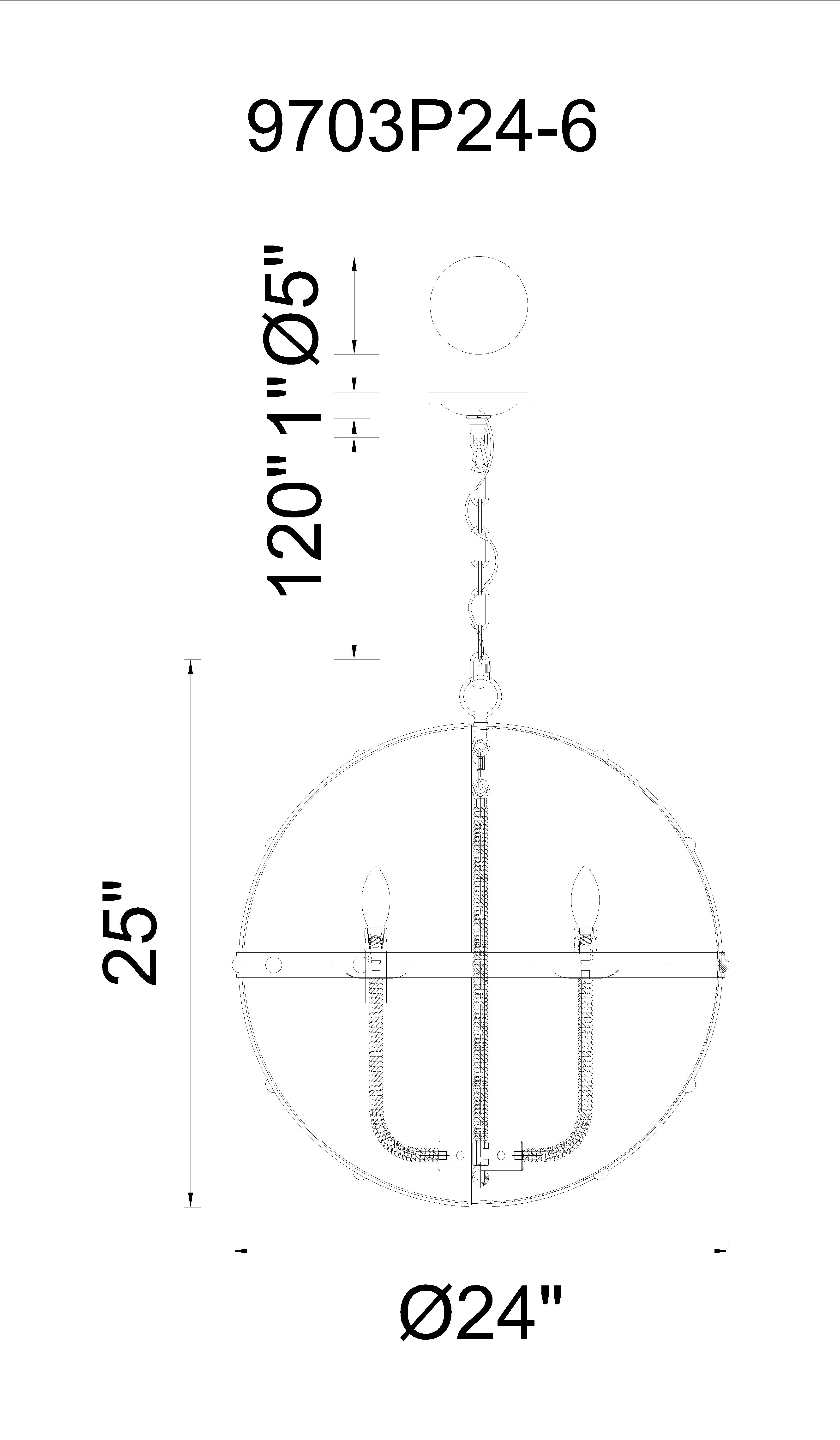 CWI Lighting Surma 6 Light Up Chandelier With Rust Finish Model: 9703P24-6-130 Line Drawing