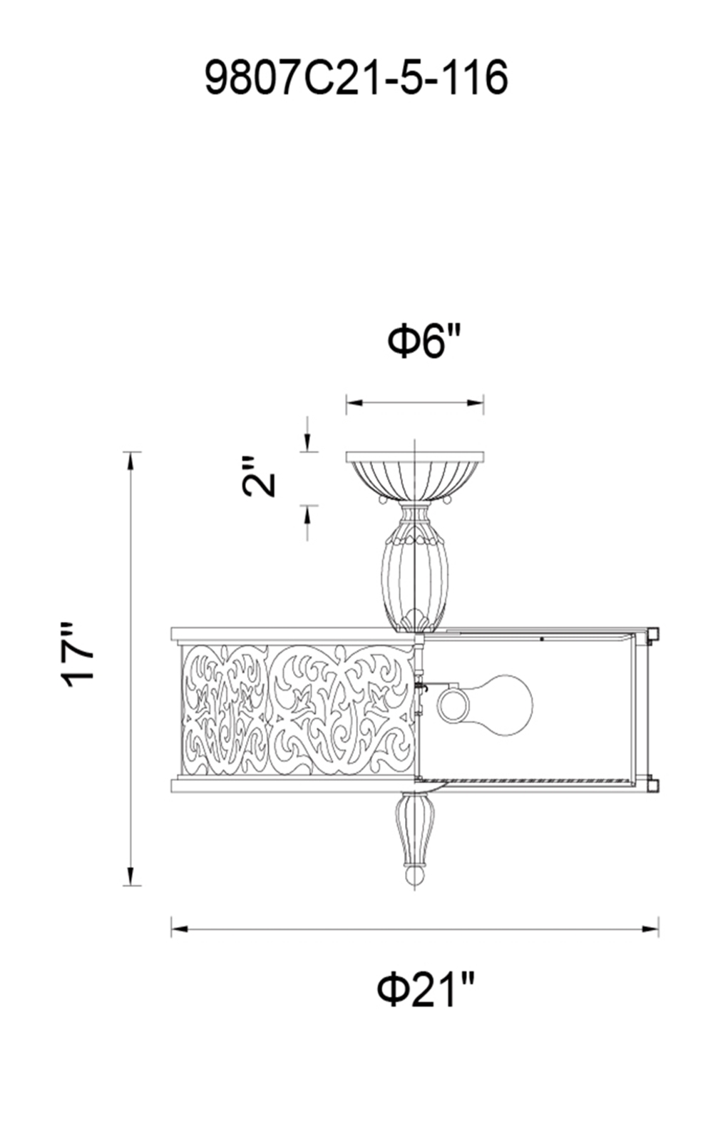CWI Lighting Nicole 5 Light Drum Shade Flush Mount With Brushed Model: 9807C21-5-116 Line Drawing