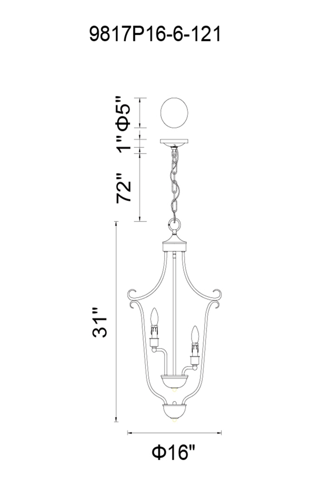CWI Lighting Maddy 6 Light Up Chandelier With Oil Rubbed Brown Model: 9817P16-6-121 Line Drawing