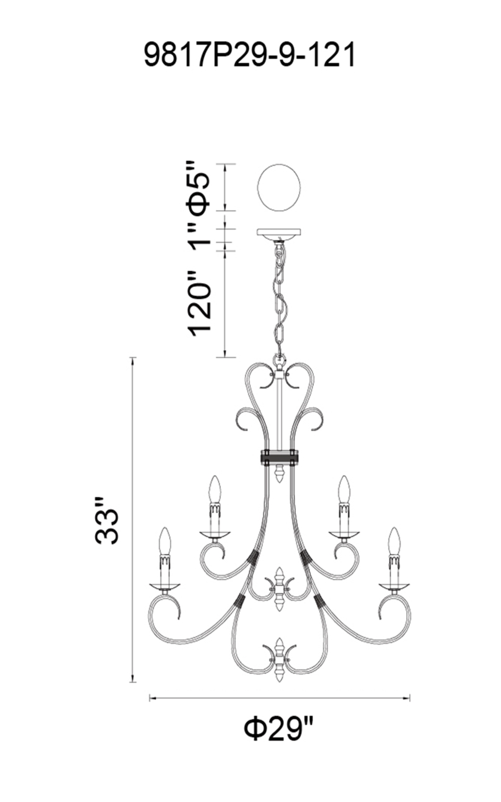 CWI Lighting Maddy 9 Light Up Chandelier With Oil Rubbed Brown Model: 9817P29-9-121 Line Drawing