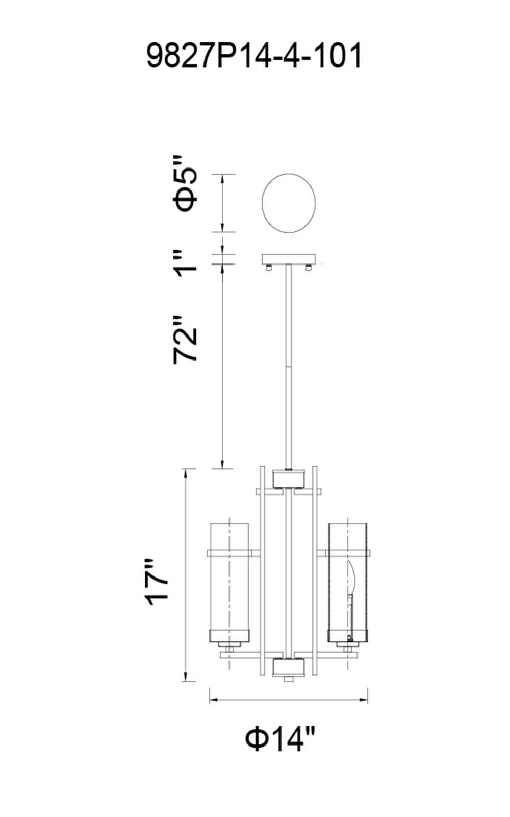 CWI Lighting Sierra 4 Light Up Mini Pendant With Black Finish Model: 9827P14-4-101 Line Drawing