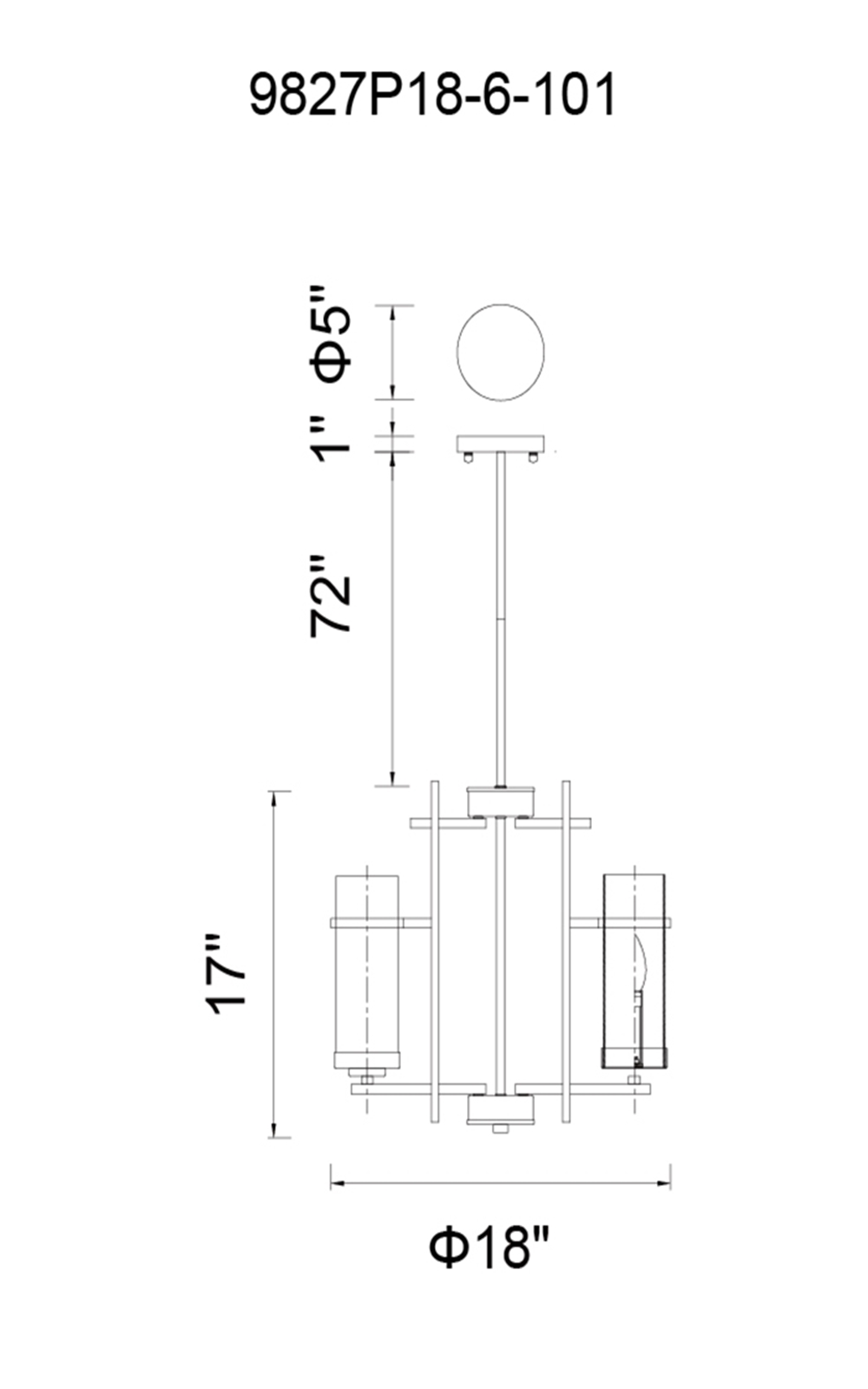 CWI Lighting Sierra 6 Light Up Chandelier With Black Finish Model: 9827P18-6-101 Line Drawing