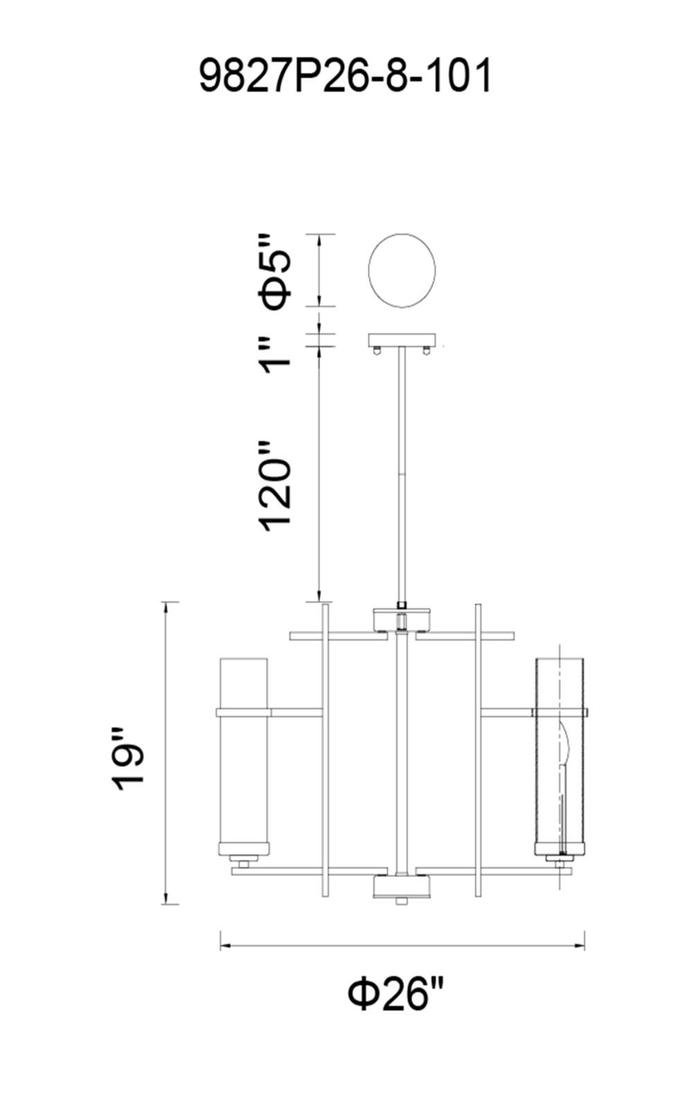 CWI Lighting Sierra 8 Light Up Chandelier With Black Finish Model: 9827P26-8-101 Line Drawing