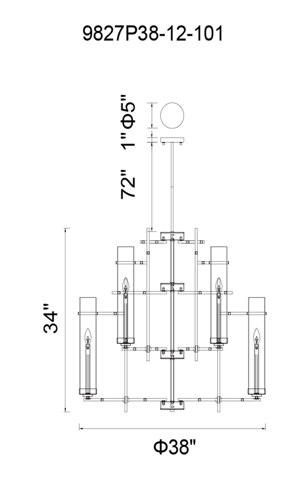 CWI Lighting Sierra 12 Light Up Chandelier With Black Finish Model: 9827P38-12-101 Line Drawing