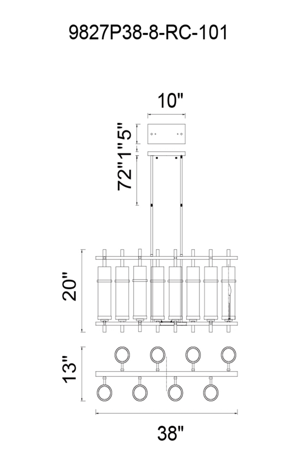 CWI Lighting Sierra 8 Light Up Chandelier With Black Finish Model: 9827P38-8-RC-101 Line Drawing