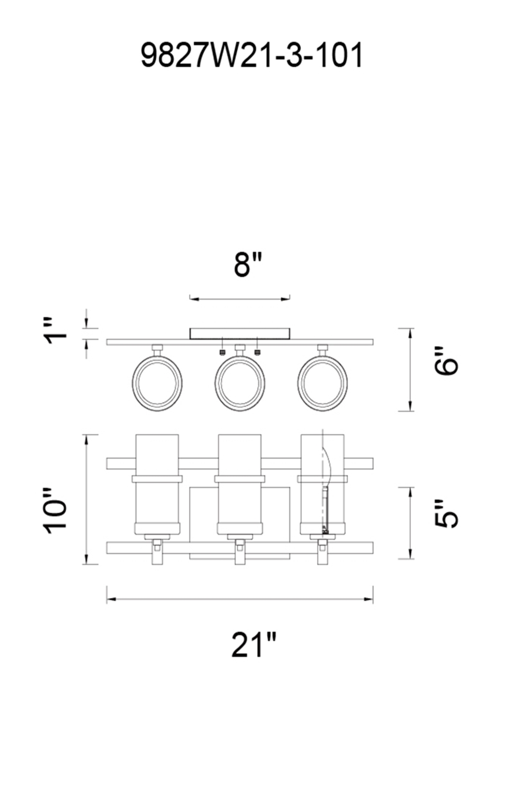 CWI Lighting Sierra 3 Light Wall Sconce With Black Finish Model: 9827W21-3-101 Line Drawing