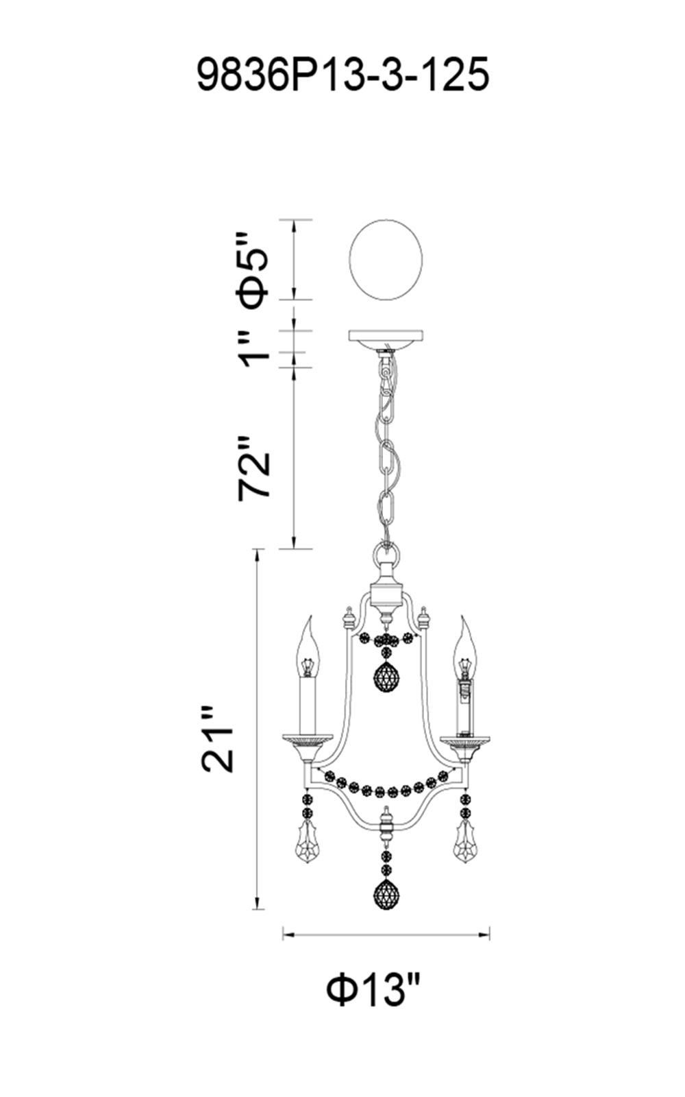 CWI Lighting Electra 3 Light Up Mini Pendant With Oxidized Bronze Model: 9836P13-3-125 Line Drawing