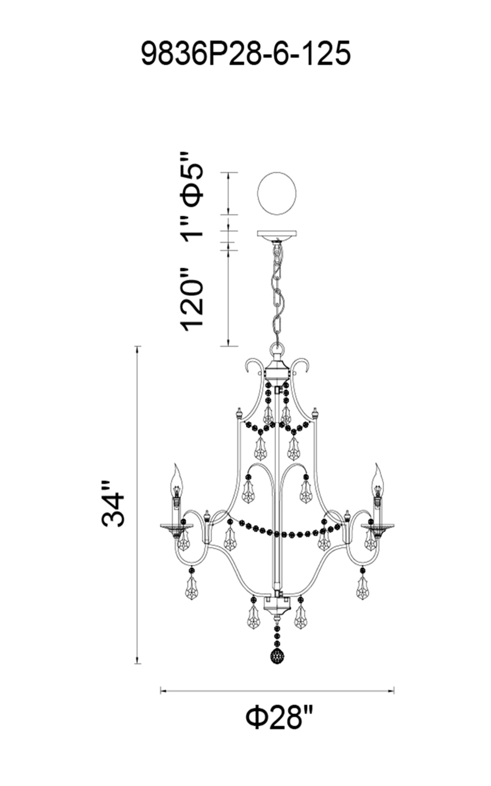 CWI Lighting Electra 6 Light Up Chandelier With Oxidized Bronze Model: 9836P28-6-125 Line Drawing