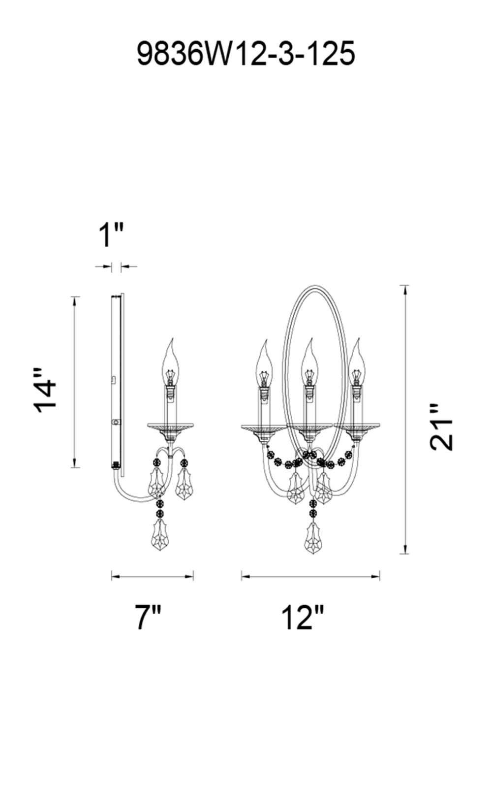 CWI Lighting Electra 3 Light Wall Sconce With Oxidized Bronze Model: 9836W12-3-125 Line Drawing