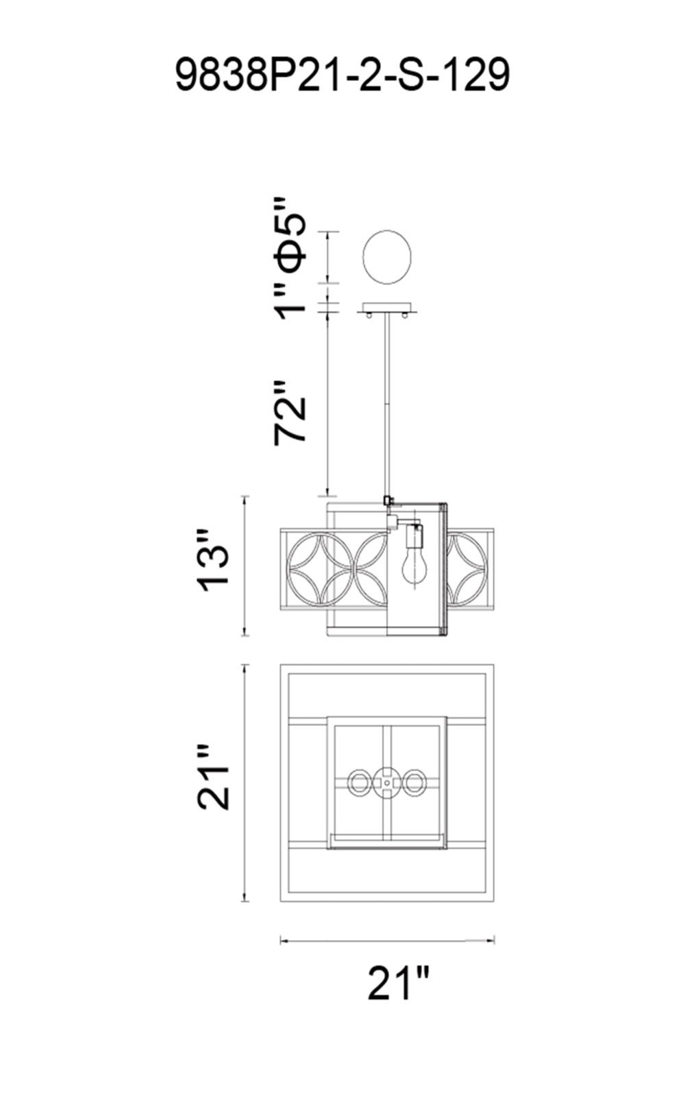 CWI Lighting Eva 2 Light Drum Shade Chandelier With Golden Model: 9838P21-2-S-129 Line Drawing