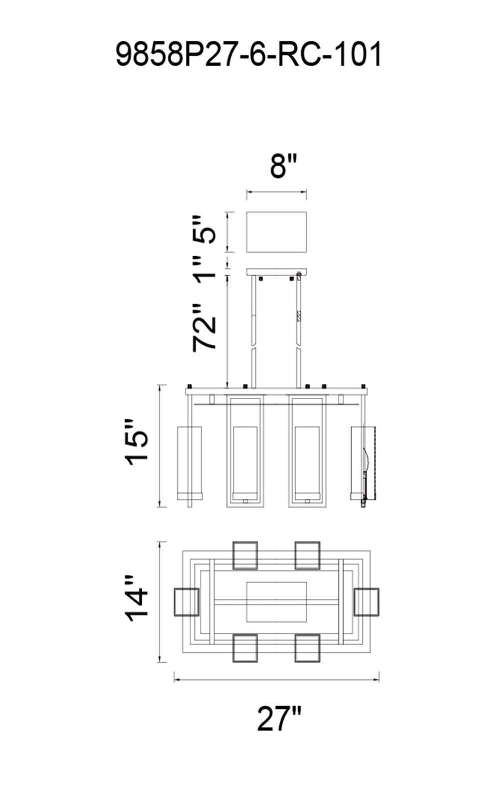 CWI Lighting Vanna 6 Light Up Chandelier With Black Finish Model: 9858P27-6-RC-101 Line Drawing