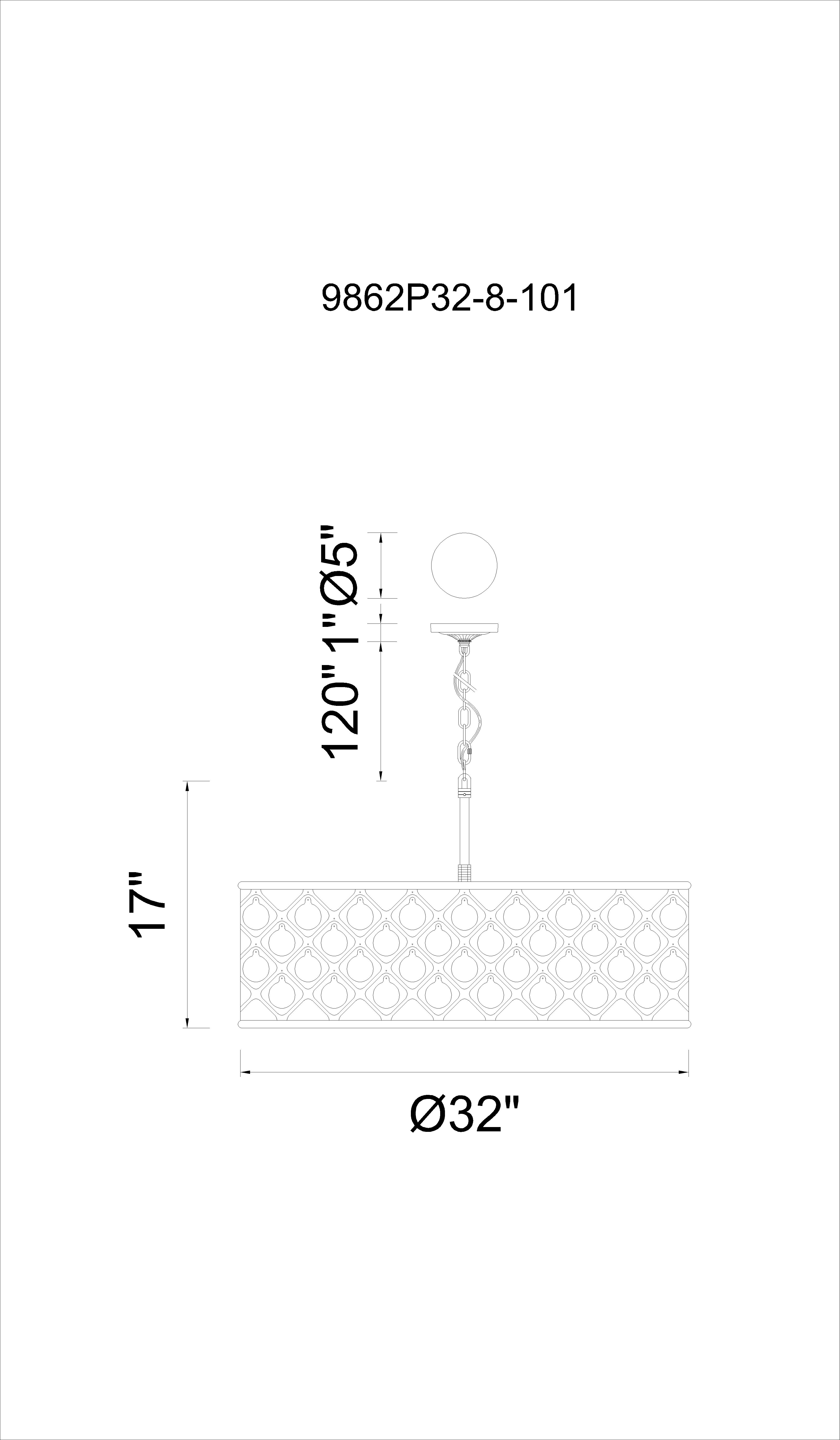 CWI Lighting Renous 8 Light Chandelier With Black Finish Model: 9862P32-8-101 Line Drawing