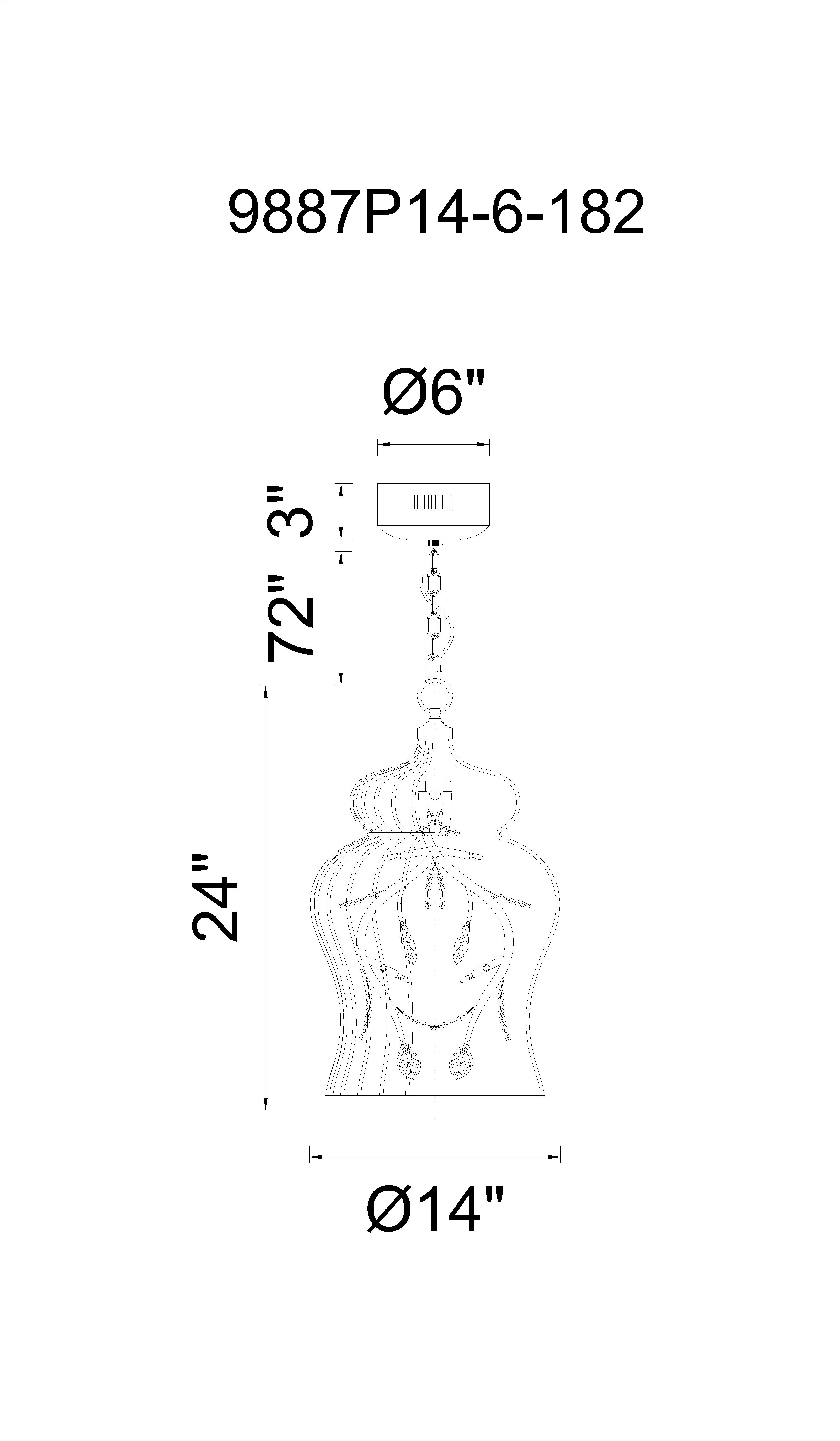 CWI Lighting Molus 6 Light Down Chandelier With Antique Gold Model: 9887P14-6-182 Line Drawing