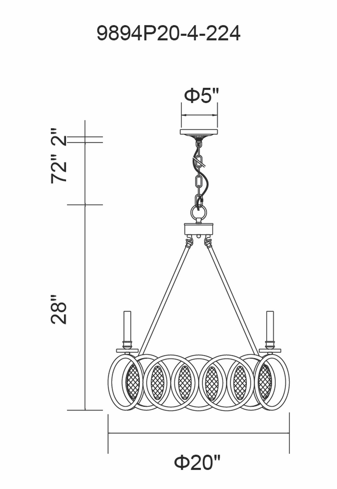 CWI Lighting Attis 4 Light Candle Chandelier With Gun Metal Model: 9894P20-4-224 Line Drawing