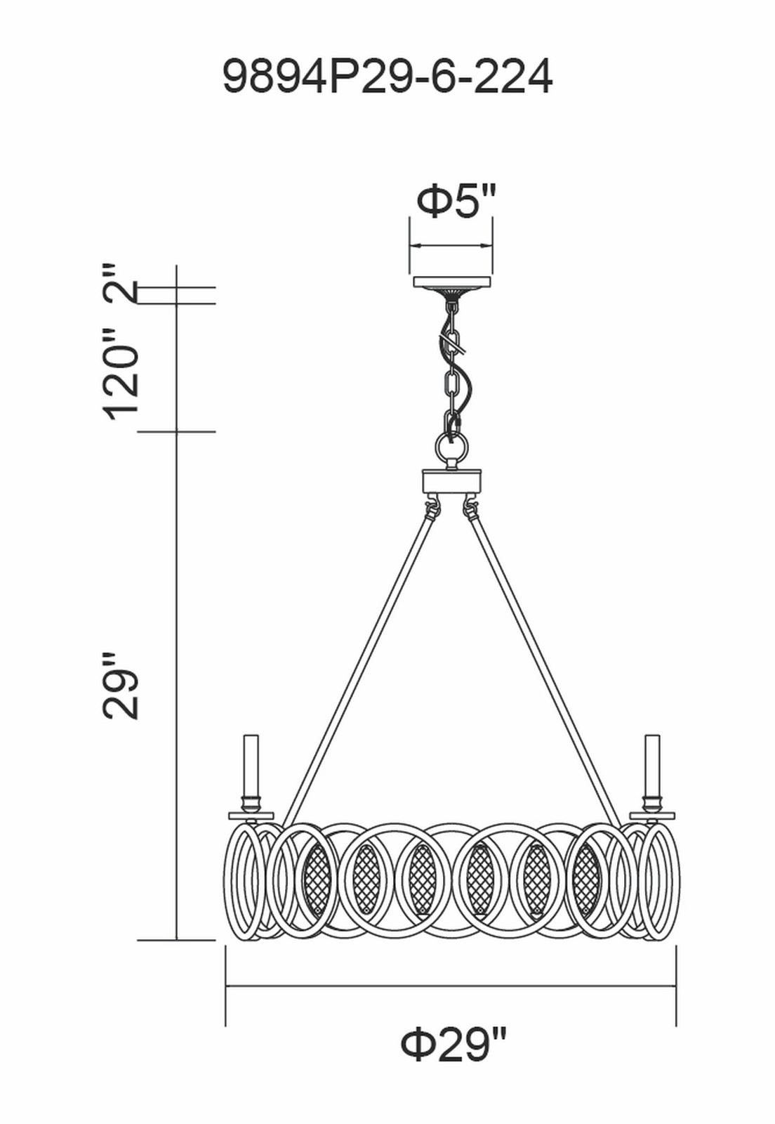 CWI Lighting Attis 6 Light Candle Chandelier With Gun Metal Model: 9894P29-6-224 Line Drawing