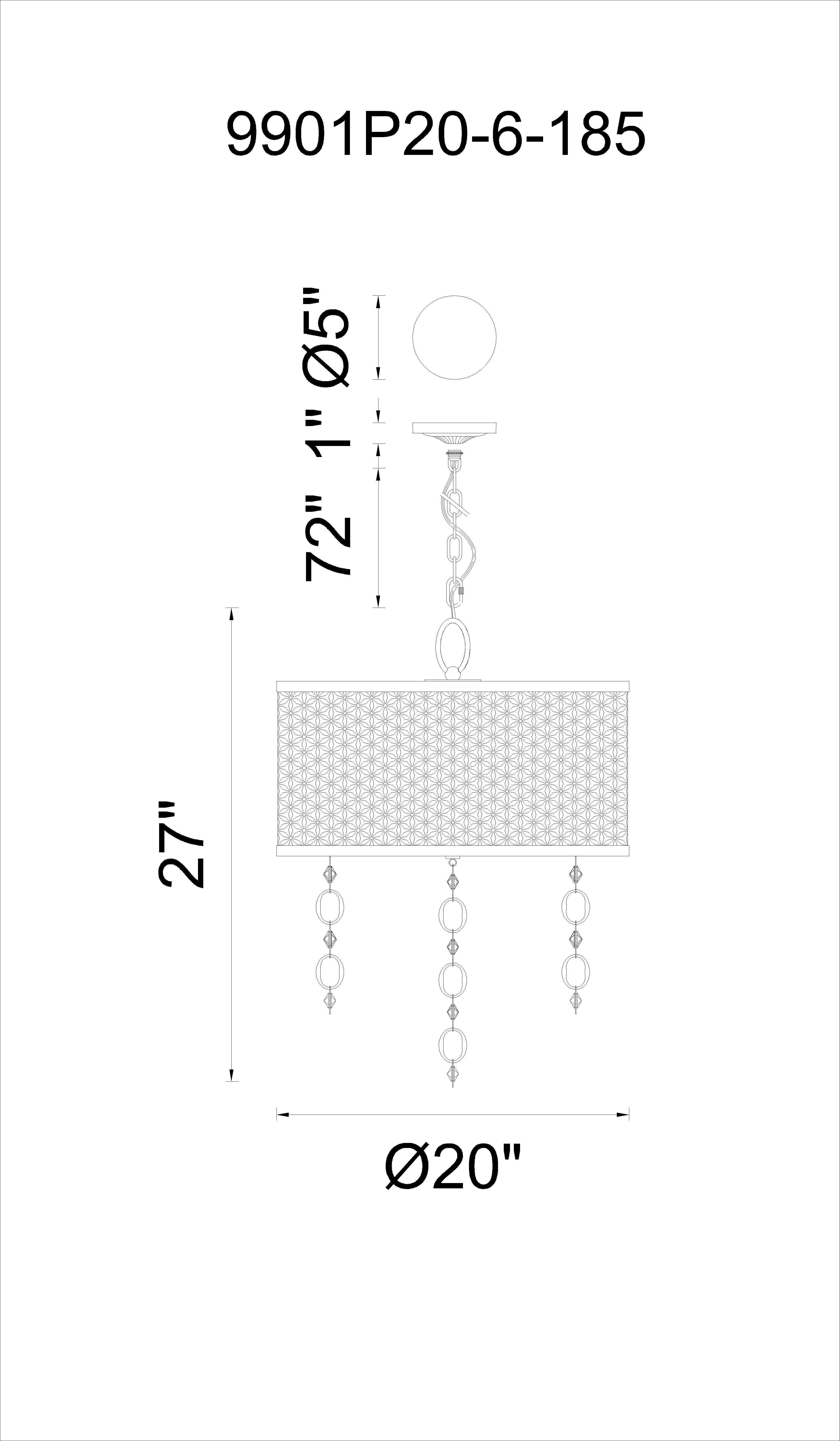CWI Lighting Pollett 6 Light Up Chandelier With Golden Bronze Model: 9901P20-6-185 Line Drawing