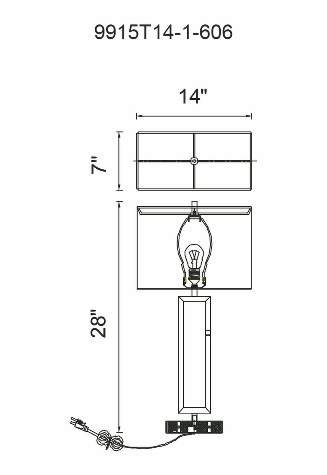 CWI Lighting Torren 1 Light Table Lamp With Satin Nickel Finish Model: 9915T14-1-606 Line Drawing