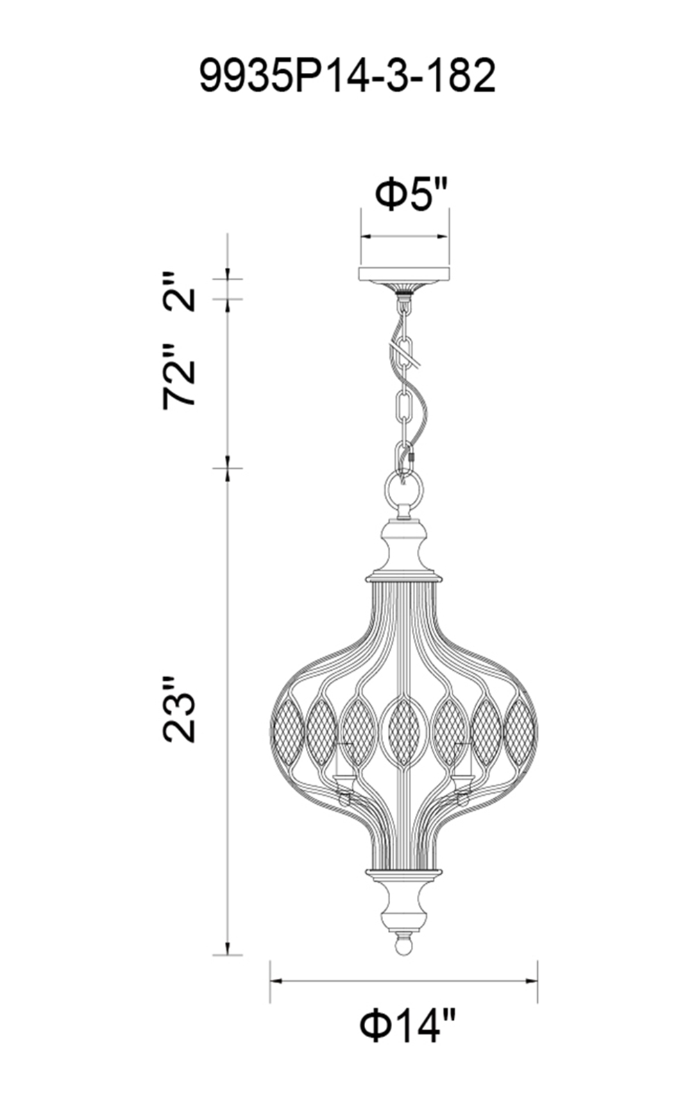CWI Lighting Altair 3 Light Chandelier With Antique Bronze Finish Model: 9935P14-3-182 Line Drawing