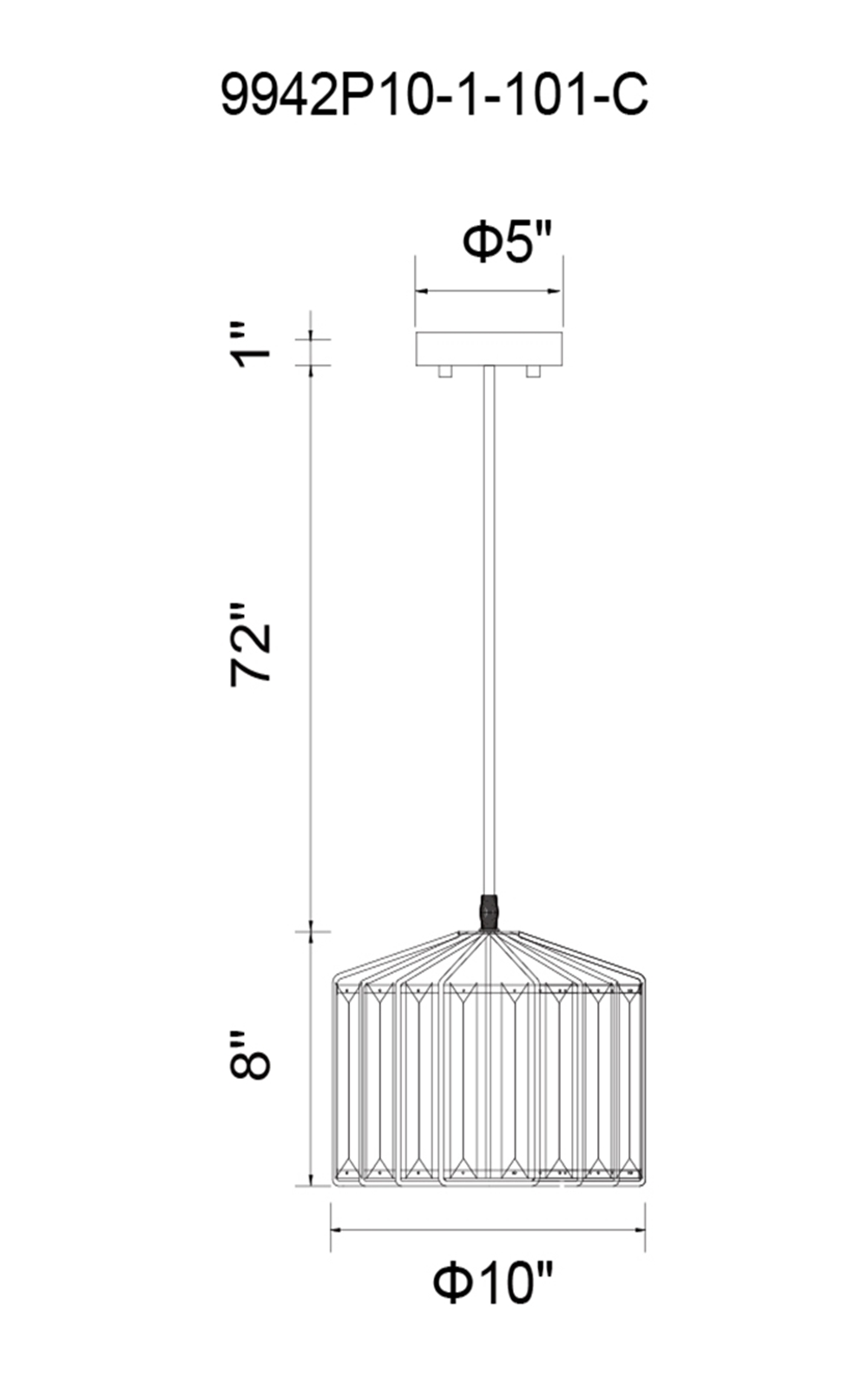 CWI Lighting Alethia 1 Light Drum Shade Pendant With Black Finish Model: 9942P10-1-101-C Line Drawing