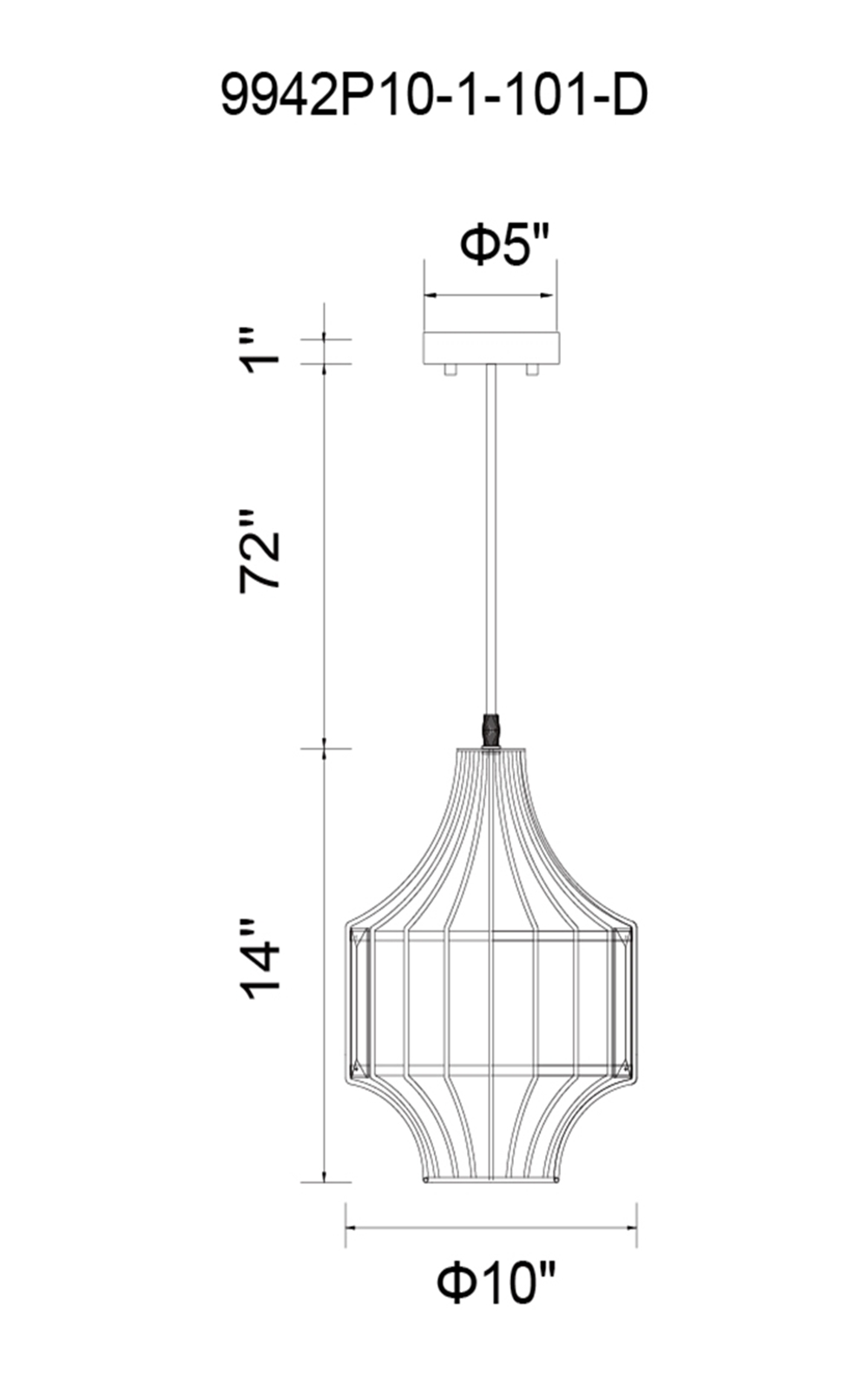 CWI Lighting Alethia 1 Light Down Pendant With Black Finish Model: 9942P10-1-101-D Line Drawing