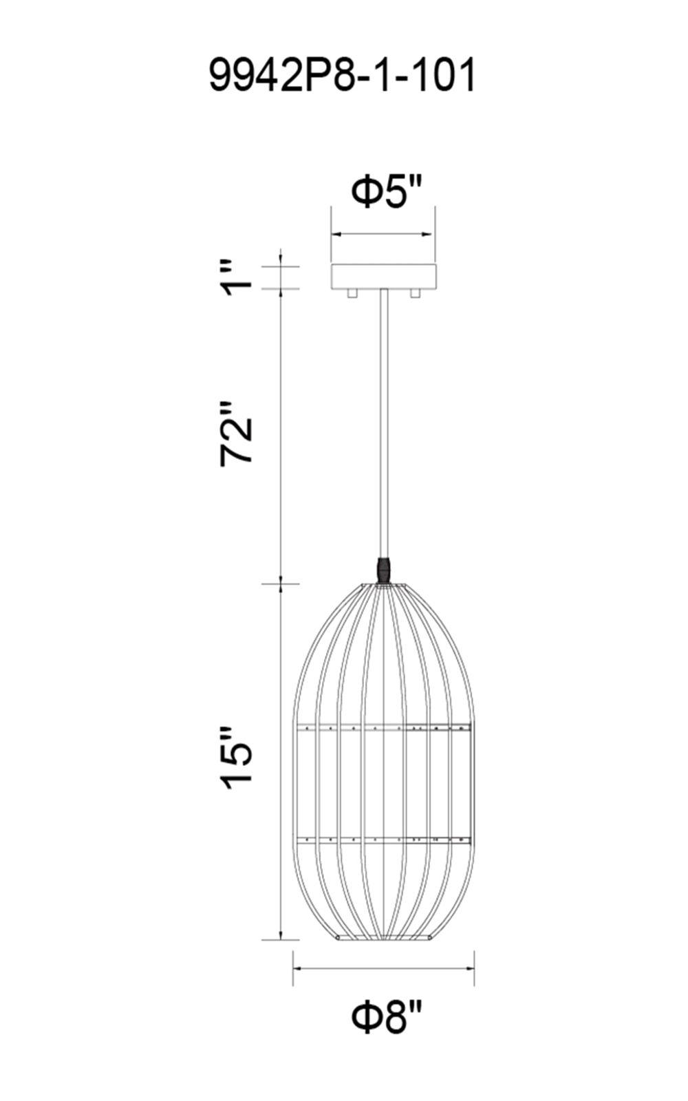 CWI Lighting Alethia 1 Light Down Mini Pendant With Black Finish Model: 9942P8-1-101 Line Drawing