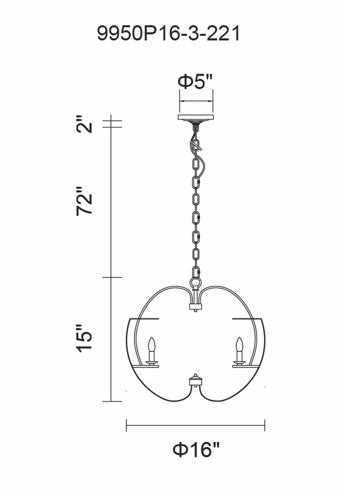 CWI Lighting Verbena 3 Light Chandelier With Pewter Finish Model: 9950P16-3-221 Line Drawing
