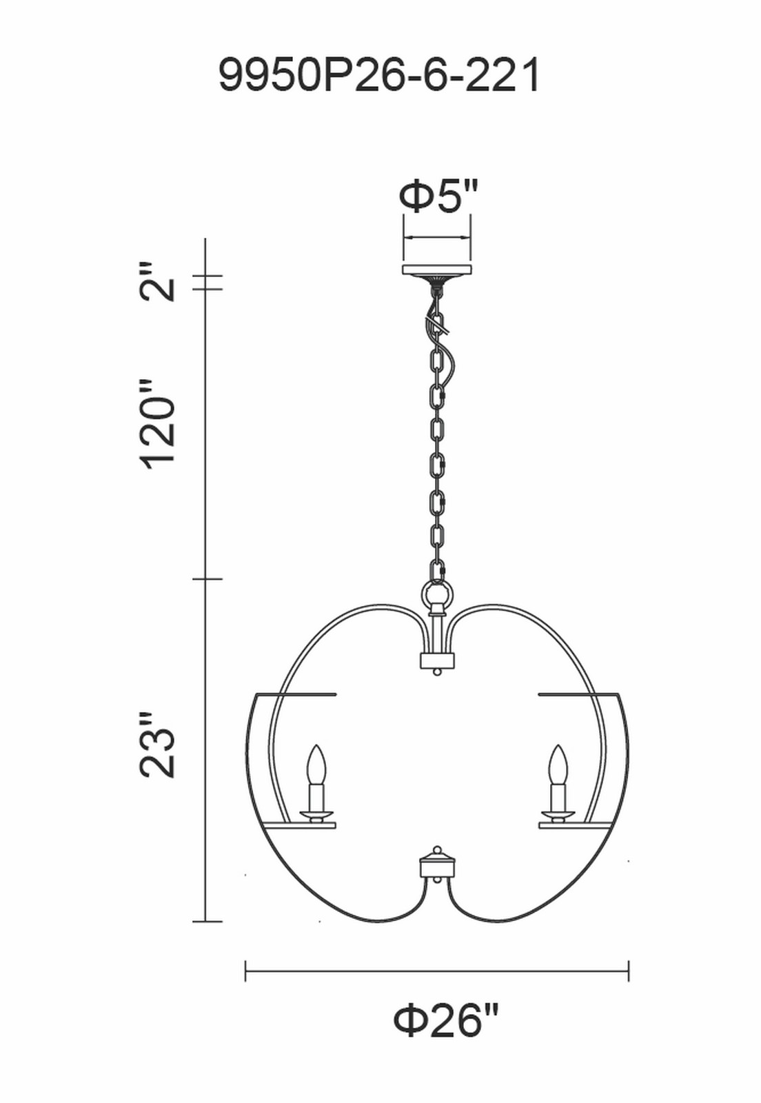CWI Lighting Verbena 6 Light Chandelier With Pewter Finish Model: 9950P26-6-221 Line Drawing