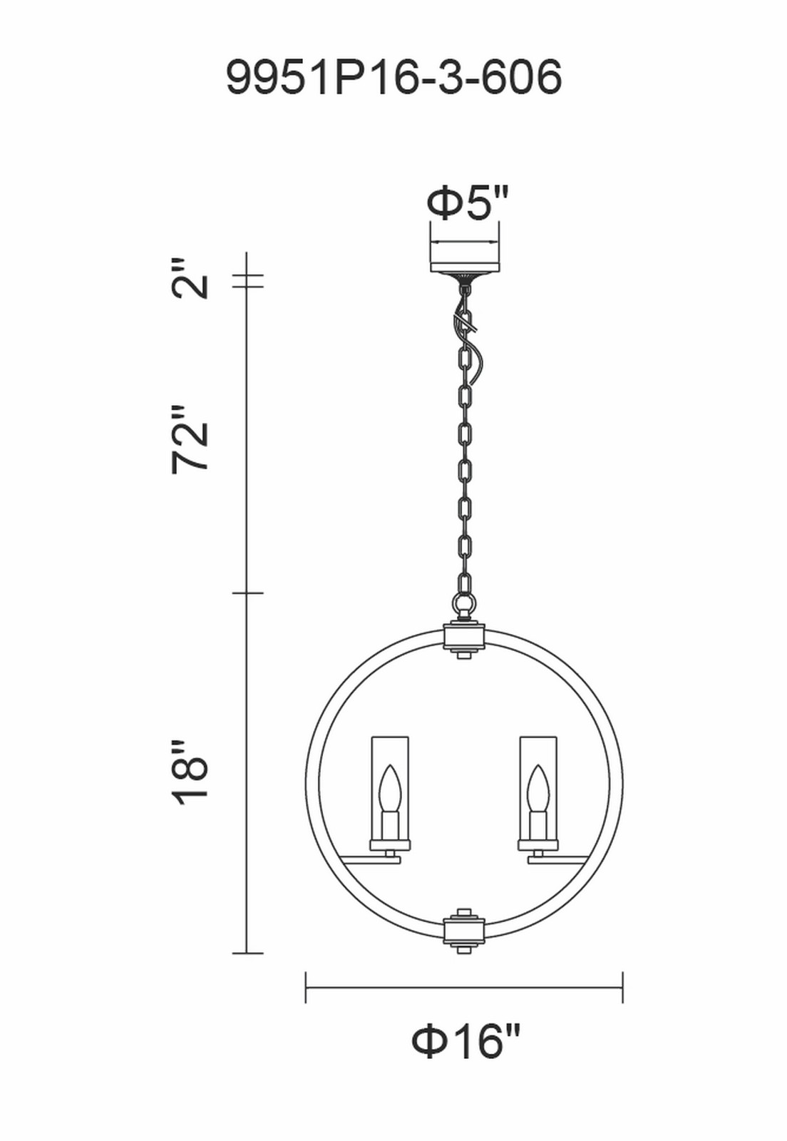 CWI Lighting Elton 3 Light Chandelier With Satin Nickel Finish Model: 9951P16-3-606 Line Drawing