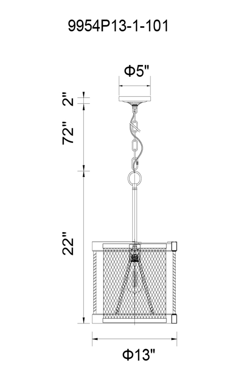 CWI Lighting Parsh 1 Light Drum Shade Mini Chandelier With Model: 9954P13-1-101 Line Drawing