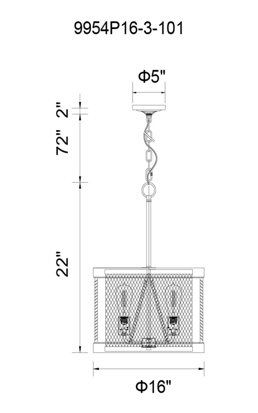 CWI Lighting Parsh 3 Light Drum Shade Chandelier With Pewter Model: 9954P16-3-101 Line Drawing