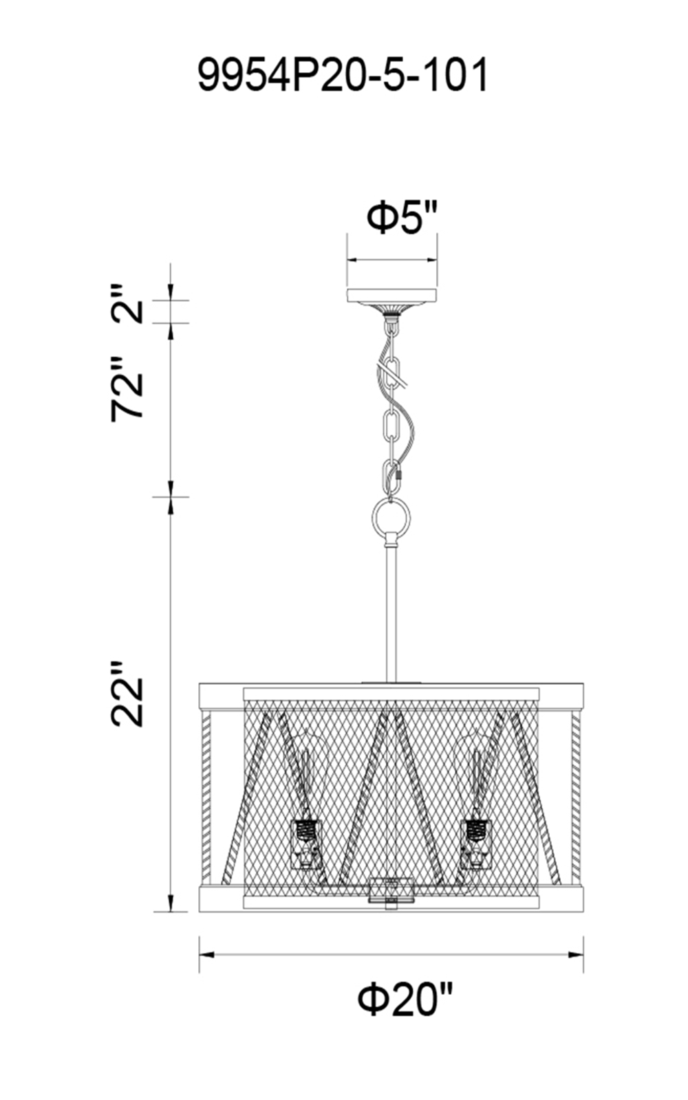 CWI Lighting Parsh 5 Light Drum Shade Chandelier With Pewter Model: 9954P20-5-101 Line Drawing